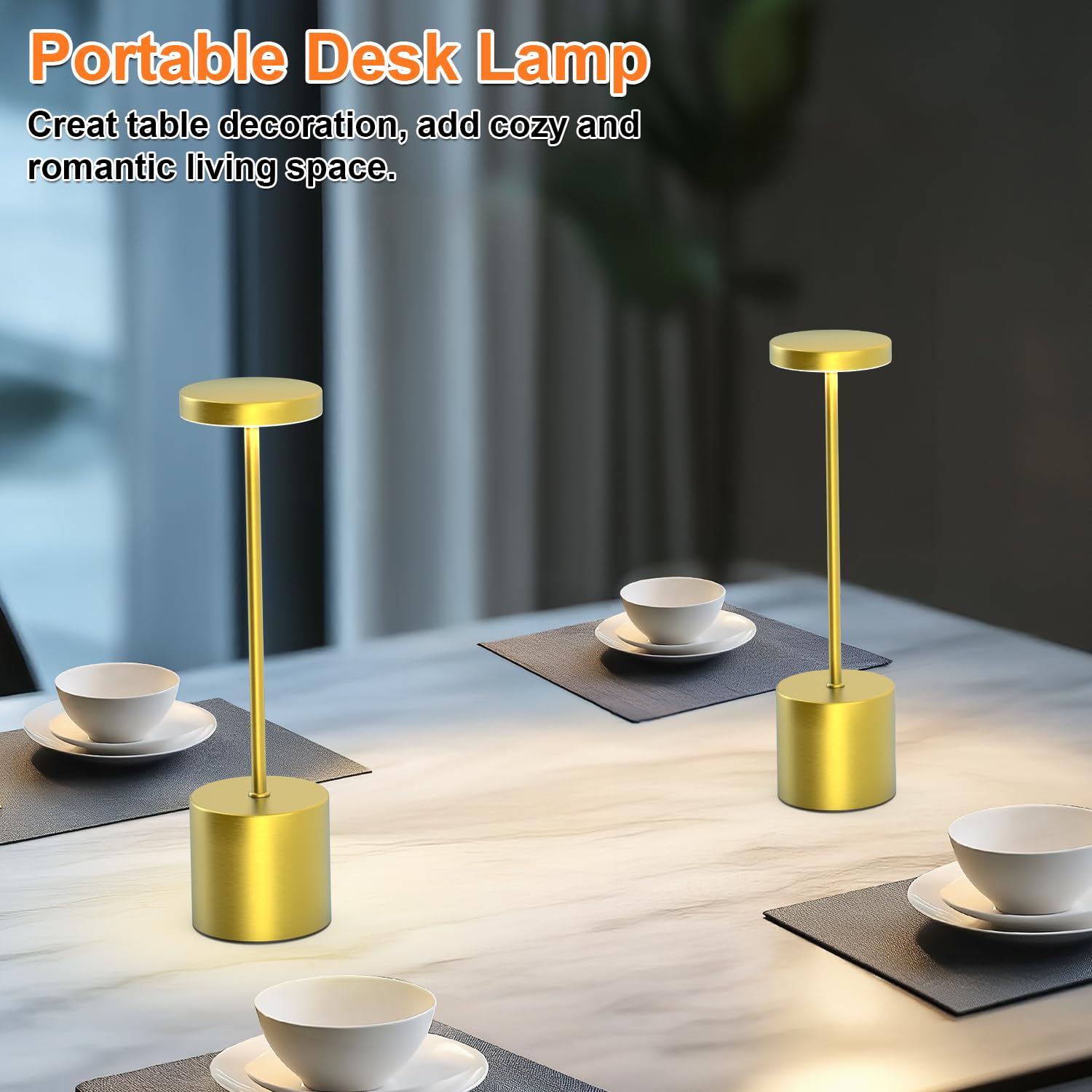 AUDLES Cordless Table Lamp - 2 Pack, 5000mAh Battery, 3-Color Dimmable Light, Gold, Model 80010665