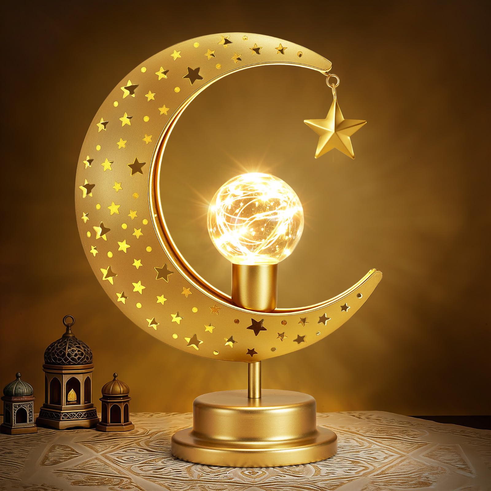 Lewondr Ramadan Moon Lamp  Crescent Moon with Star Table Lamp  Battery Powered Ramadan Desk Lamp Decorations Crescent Table Light Bedside Night Stand Desktop Living Room Home Decor  Eid Mubarak Decor