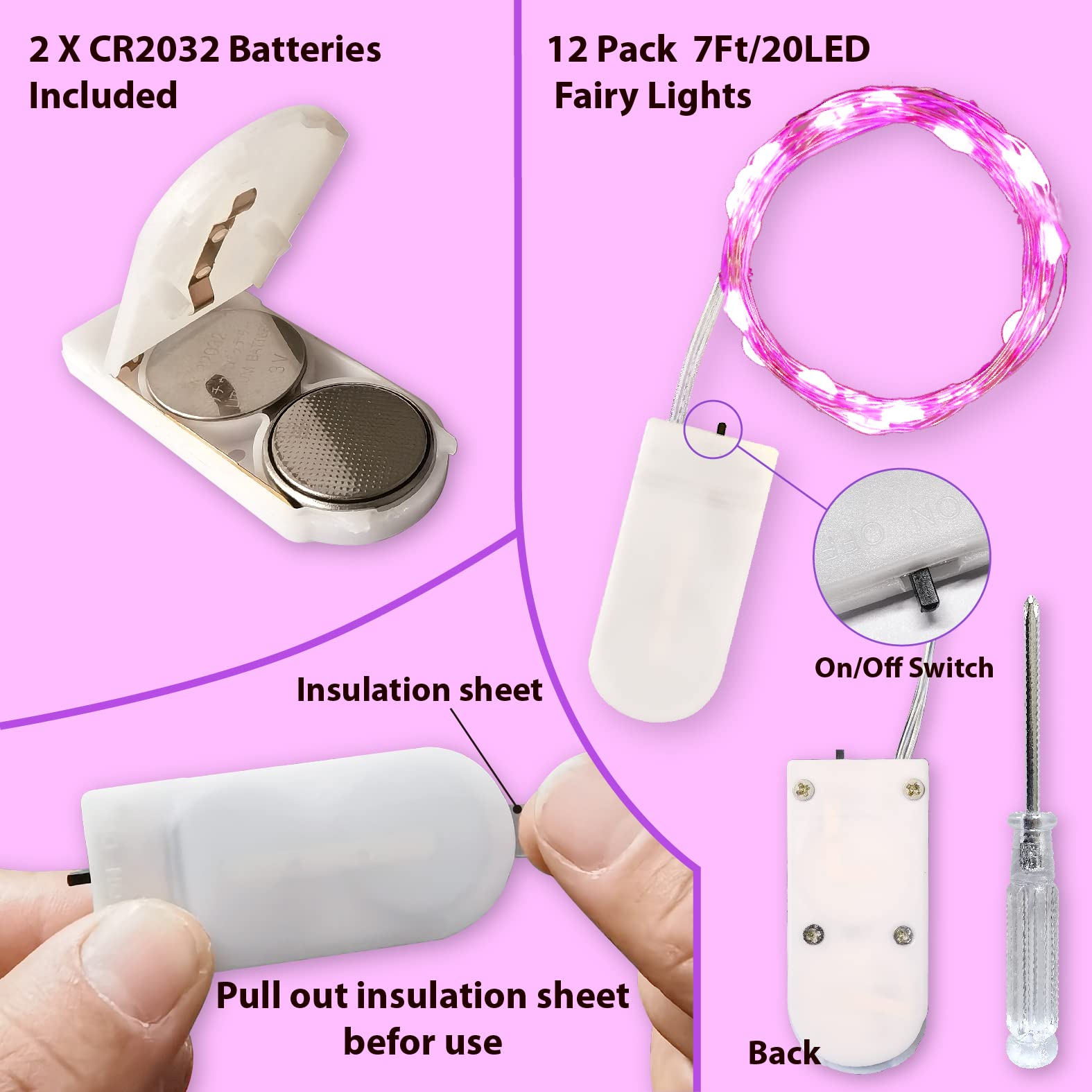HXWEIYE Fairy Lights - 20LED Pink Battery Operated, 7ft Length, 12 Pack for DIY Wedding Party Bedroom Patio Christmas Décor