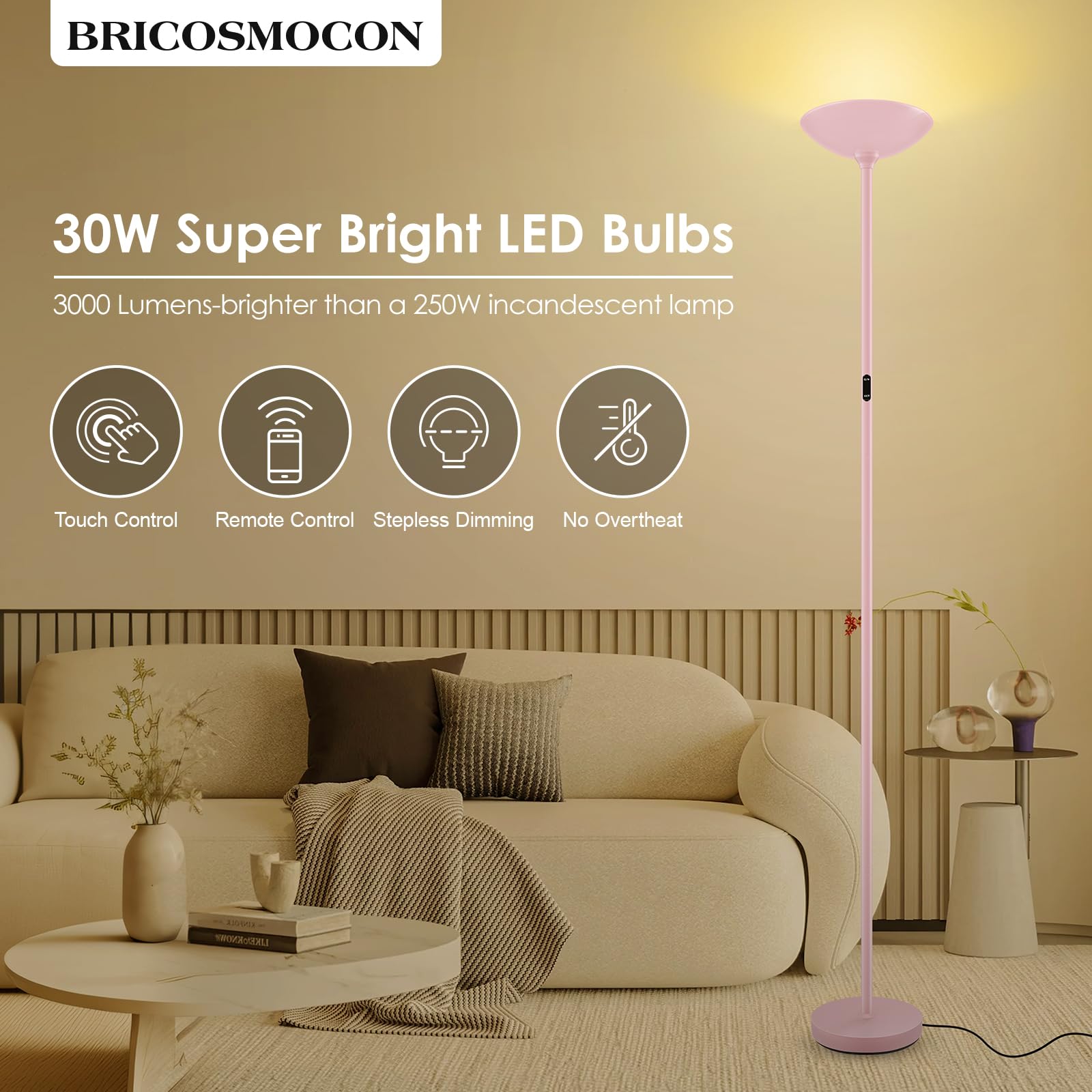 Bricosmocon Dimmable Floor Lamp, 30W 3000LM LED Torchiere, 71" Tall, Pink, Remote & Touch Control, Model F0513