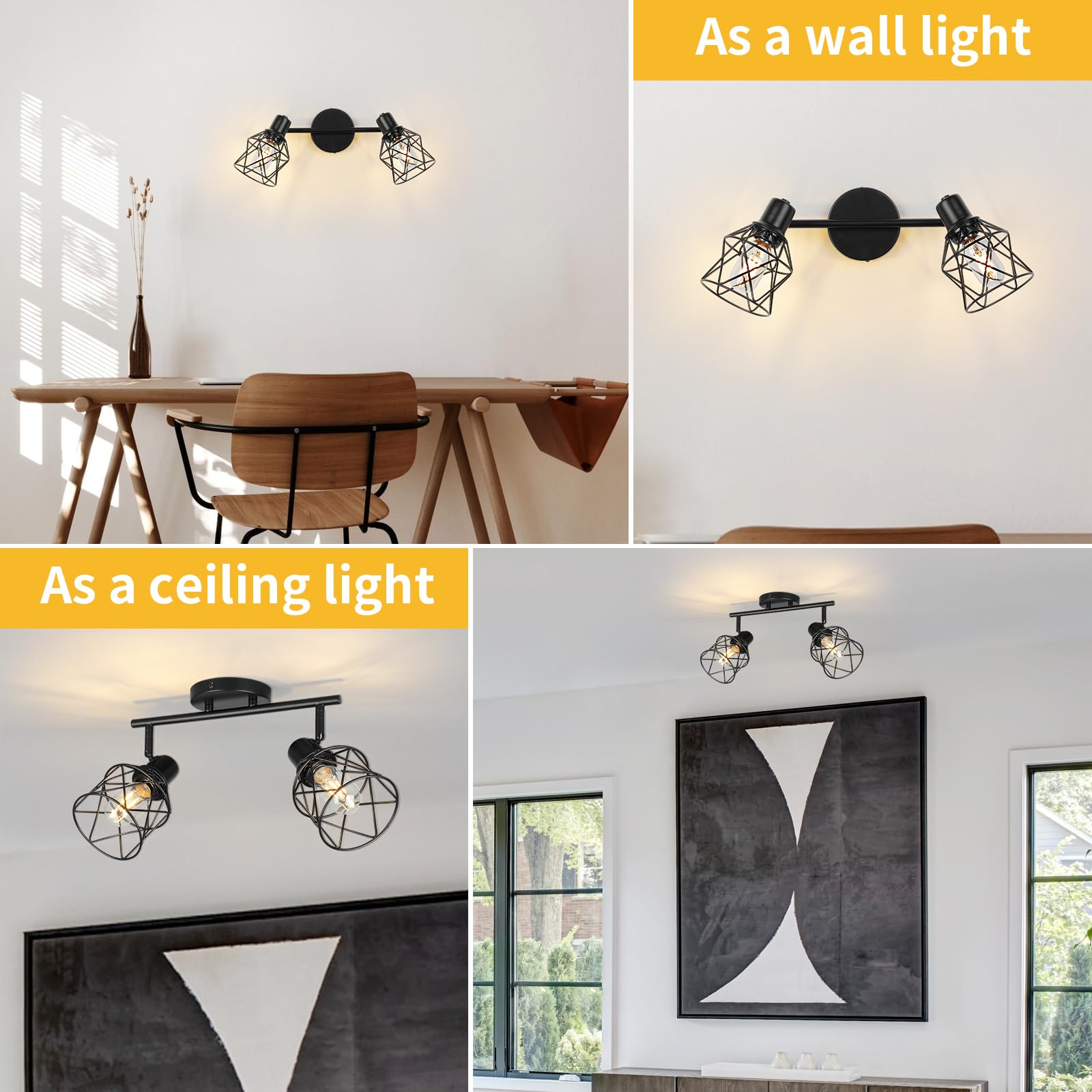 Wilon Industrial Track Lighting Fixtures Ceiling, 2 Light Kitchen Ceiling Light Rotatable Spotlight Fixtrues E26 Base Wall Light