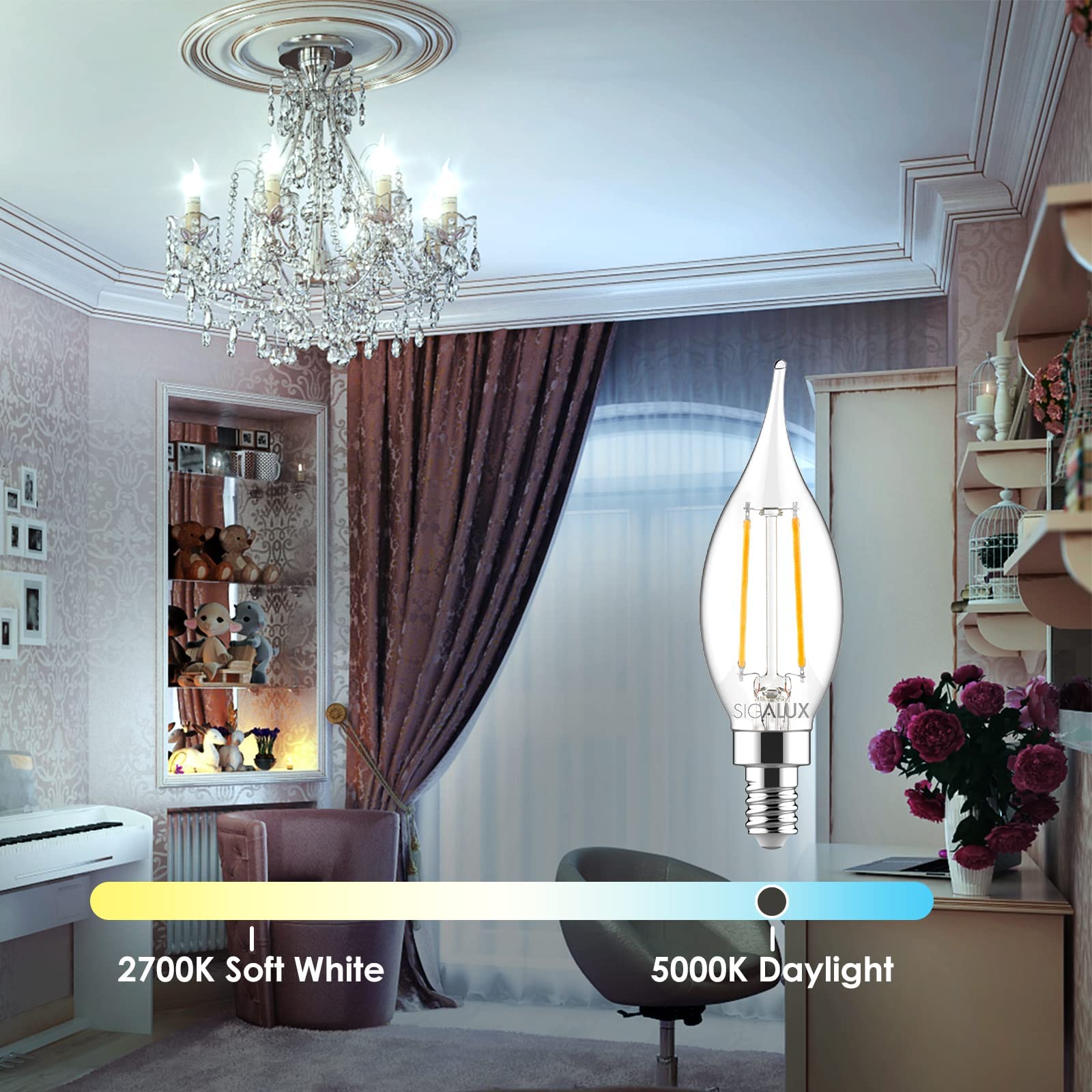 Sigalux Candelabra Led Bulbs Dimmable, E12 40W Chandelier Ca10 Flame Tip Candle Light, 5000K Daylight For Chandeliers, Ceiling F