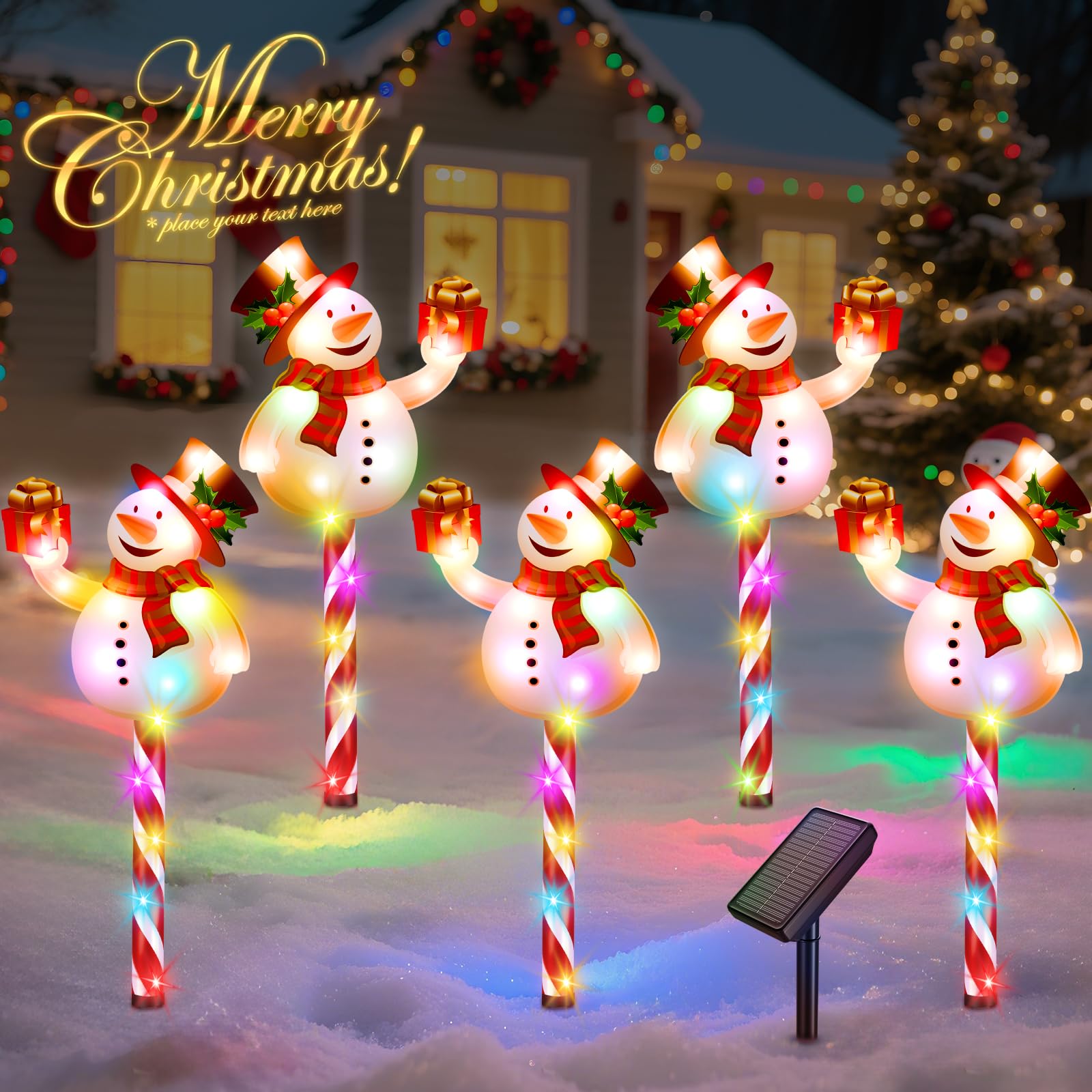 NESSTU Solar Christmas Decorations - Set of 5 Snowman Pathway Lights, Waterproof, Red & White, Solar Powered, 10 Modes