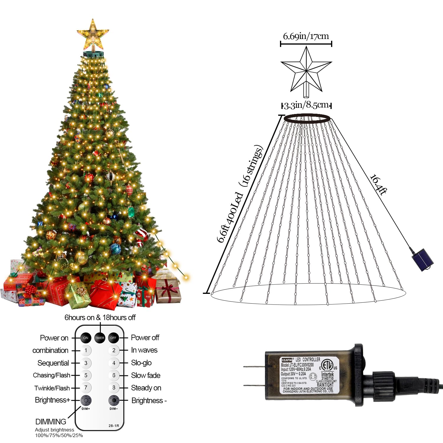 AMIPEPE Christmas Tree Lights, 400 LED Warm White Fairy Lights, 6.6FT x 16 Drop, Remote & Timer, Model SW-LSL-02-410