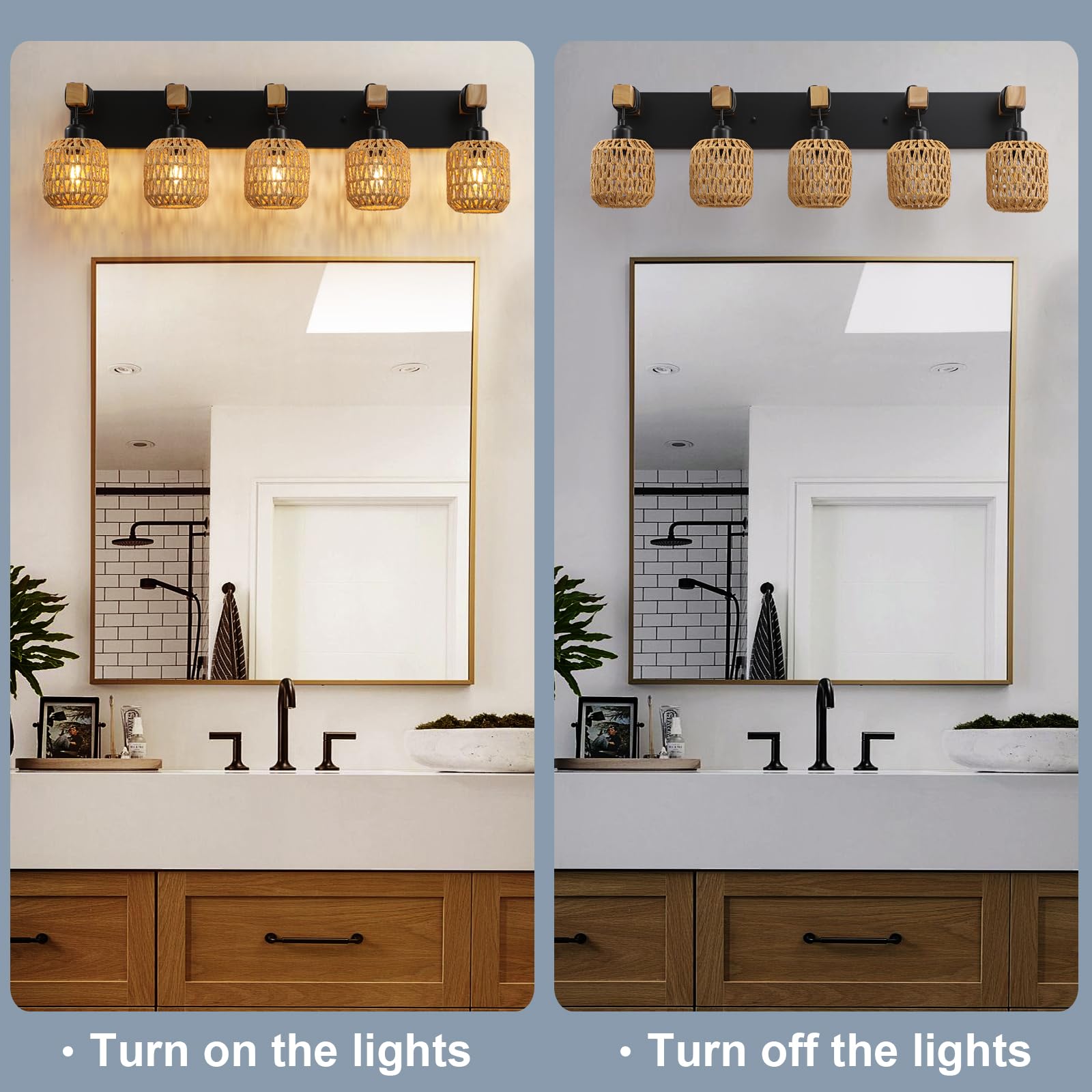 5 Light Bathroom Vanity Light Fixtures, Rustic Style Wood Bathroom Wall Sconce, With Boho Wicker Lampshade, Suitable For Bedroom, Hallway, And Living Room, Rattan Black Farmhouse Wall Sconce