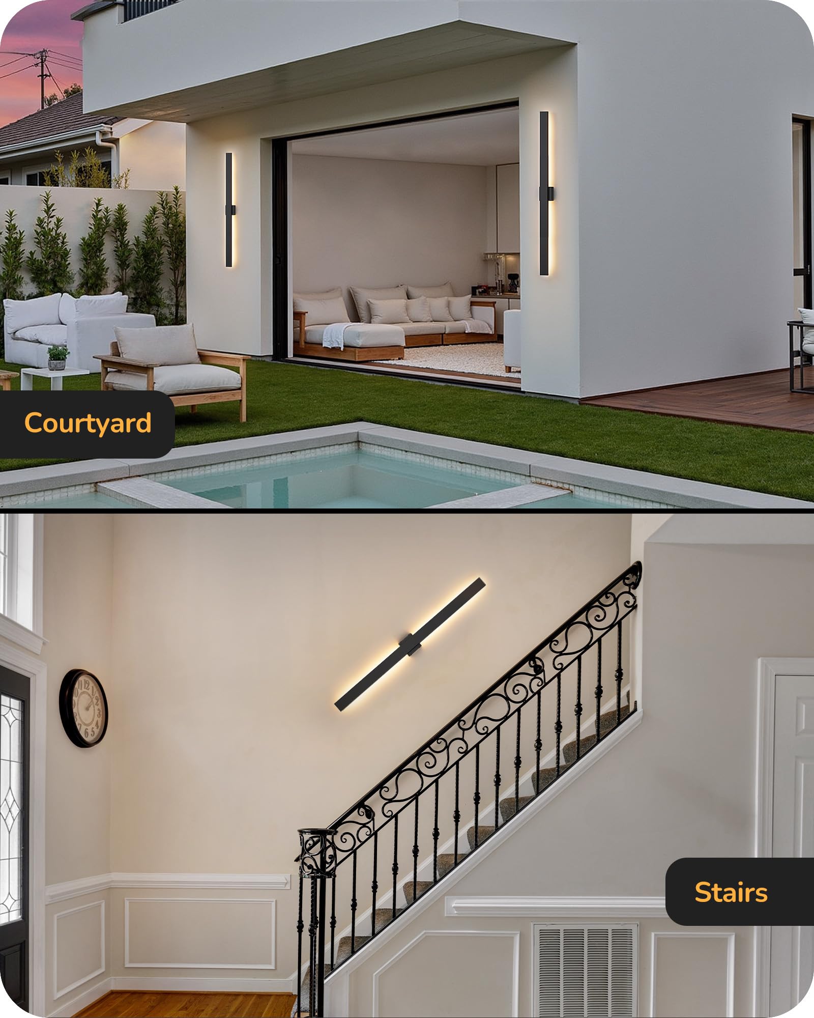 EDISHINE 47" LED Outdoor Wall Lights, IP65 Waterproof, Dimmable 10%-100%, Black, Modern Design, 2 Pack, Model BD050