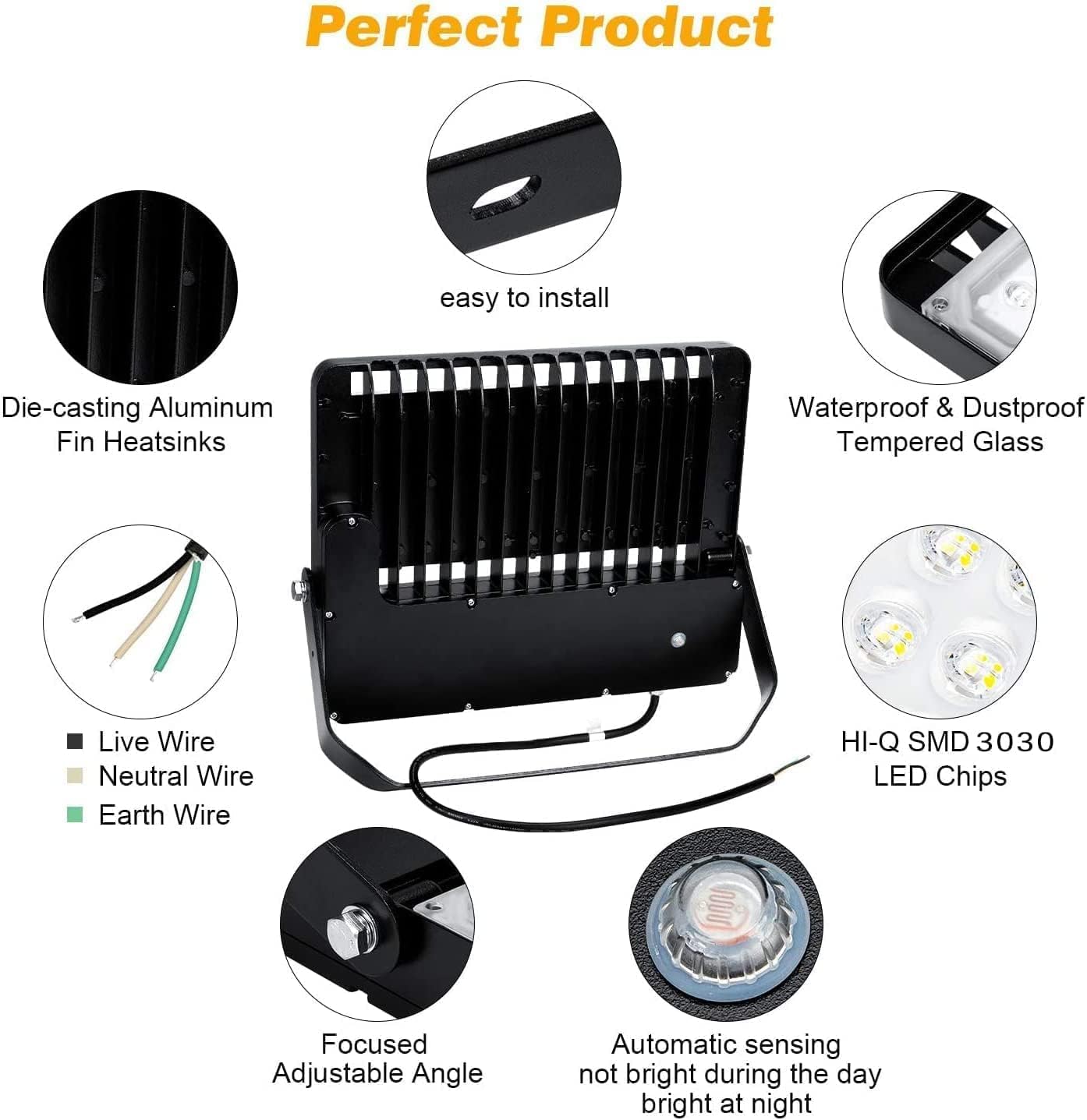 Juyace 240W LED Flood Light, Dusk to Dawn, 5000K, IP65, Aluminum, Black, Model KU203-P for Outdoor Lighting