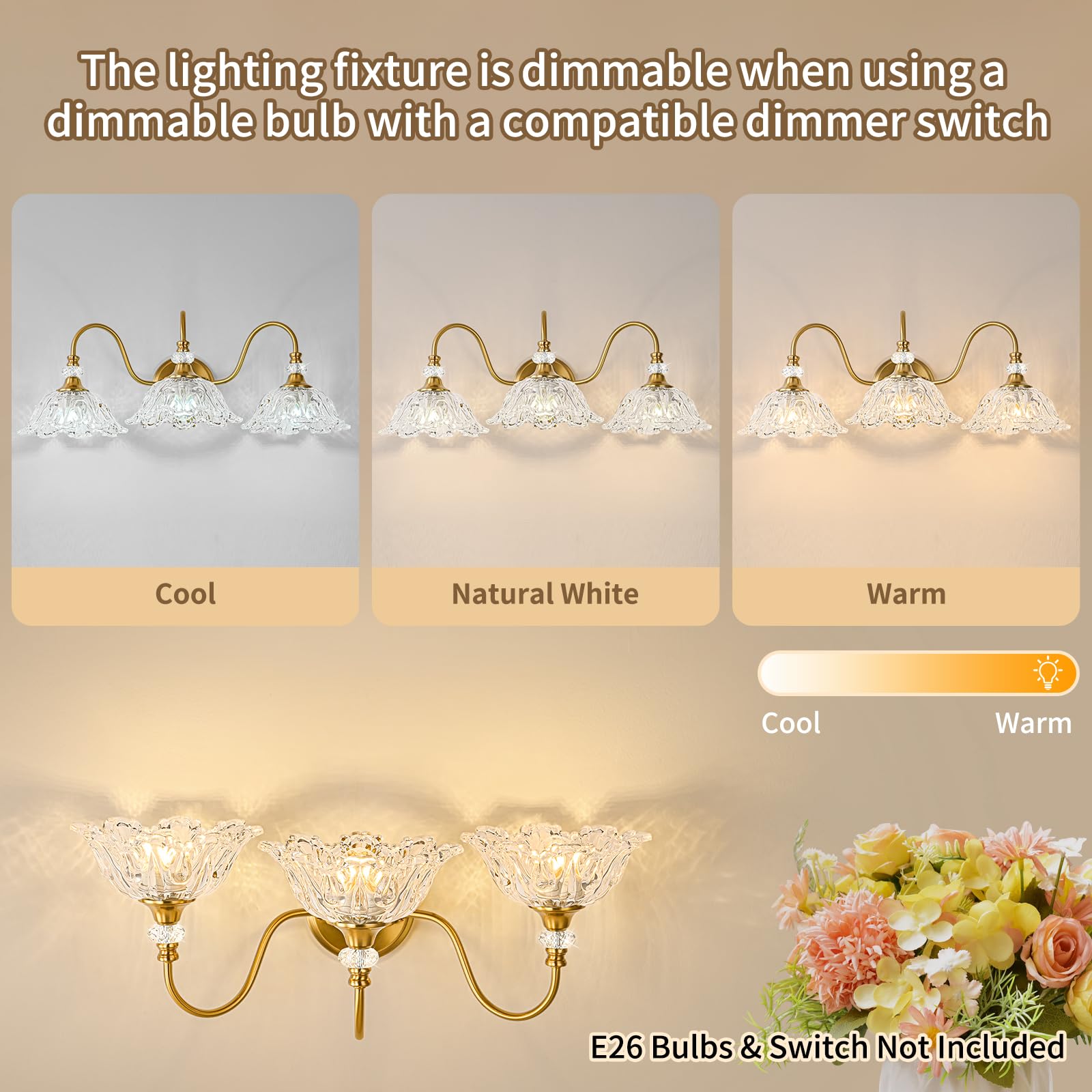 sunkryster 3-Light Gold Bathroom Vanity Light, Brushed Gold Finish with Floral Clear Glass Shades, Model Sun-104AB-3-Gold