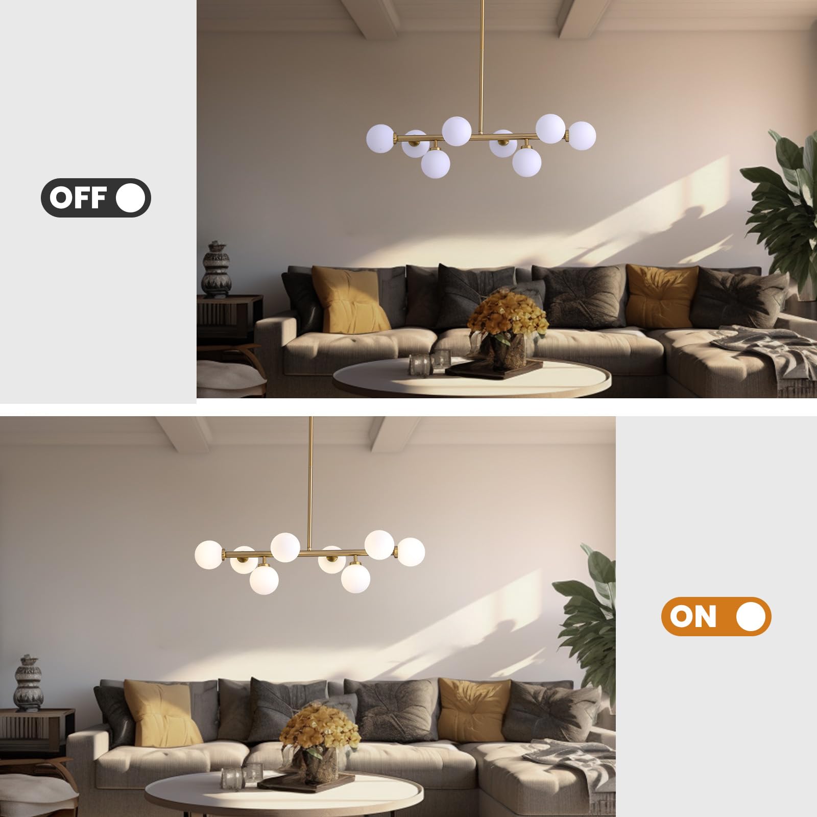 7Pmbeane Modern Linear Chandelier, Mid Century Gold Brass Sputnik Pendant Light With White Glass Lampshade,8 Lights Globe Rectan
