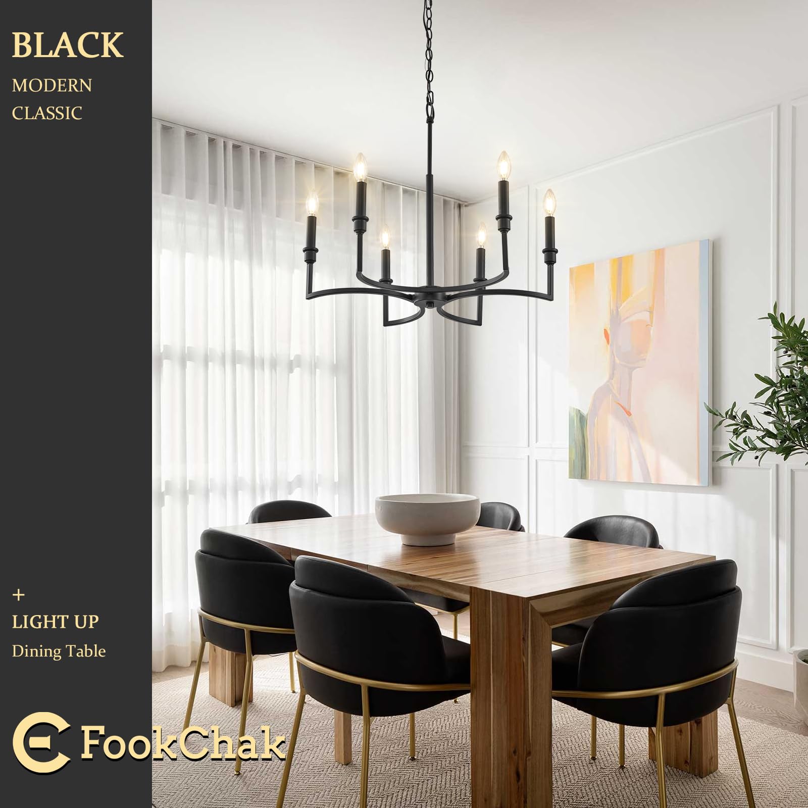 Fookchak Black Chandelier 6-Light Dining Room Chandelier Light Fixture Metal Candle Chandelier For Dining Tables Kitchen Island