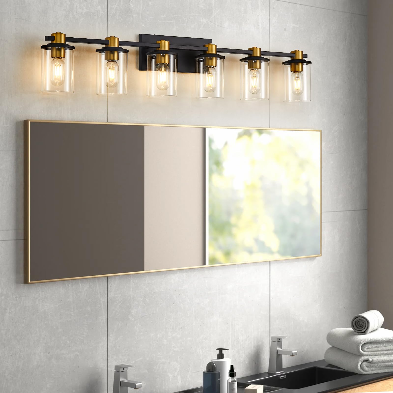 Stambord Bathroom Vanity Light, 6 Light Black and Gold Fixtures, Glass Shade, Model B50
