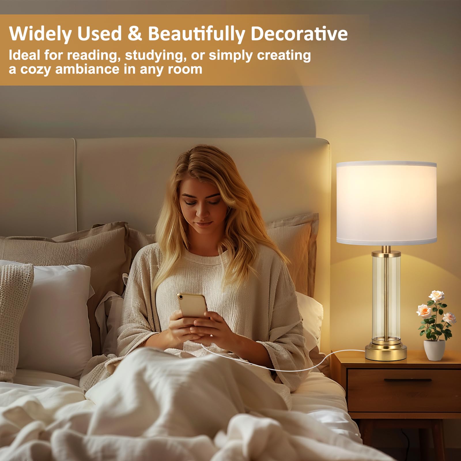 Gold Bedroom Lamps Set Of 2 - Touch Bedside Lamp For Night Stands With Usb C+A, 3 Way Dimmable Nightstand Table Lamps For Living