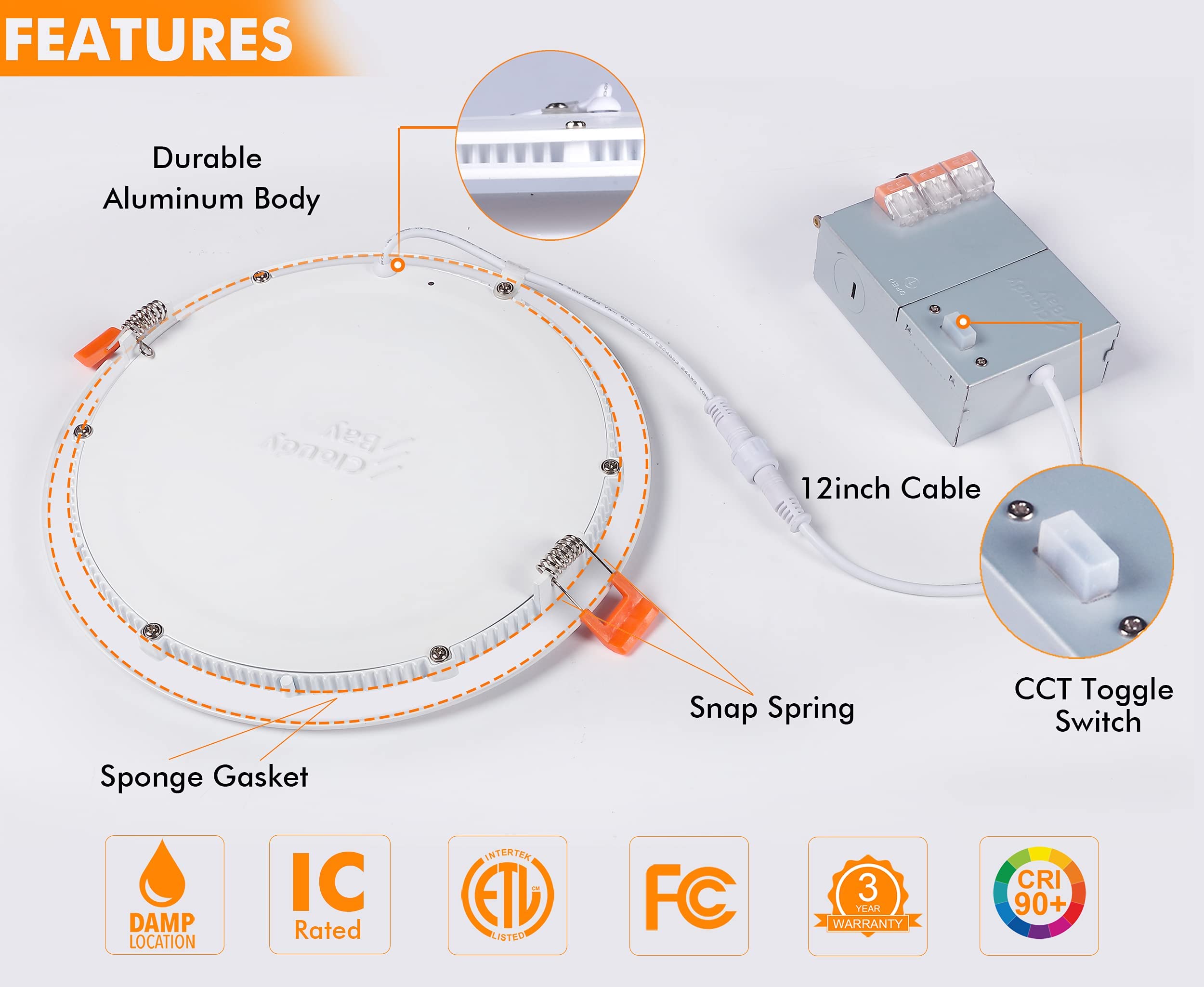 Cloudy Bay 20W 8 Inch Led Recessed Lights,5Color 2700K/3000K/3500K/4000K/5000K Selectable,Dimmable Cri 90+,Ic Rated,Etl Listed,U