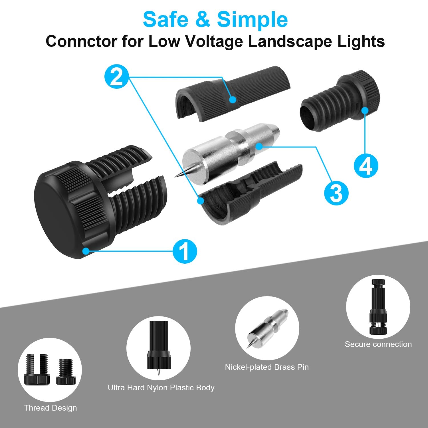 Fntek Low Voltage Landscape Light Wire Connectors, 50 Pack, 14-20 Gauge, Plastic, Black, Model FT-LS00