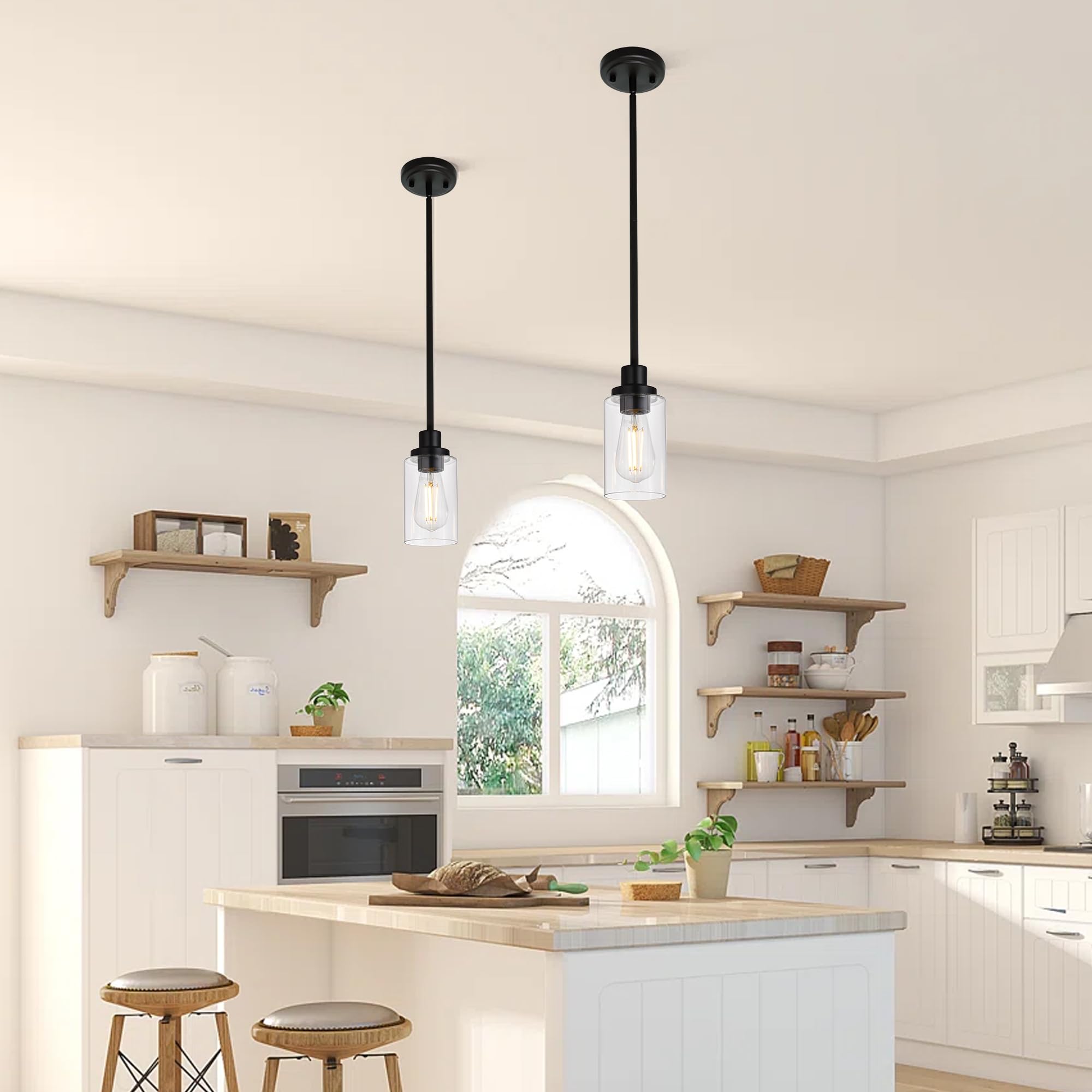 Melucee Black Pendant Lights For Kitchen Island, 5-Light Dining Room Light Fixtures Linear Chandeliers With Clear Glass Shade, D