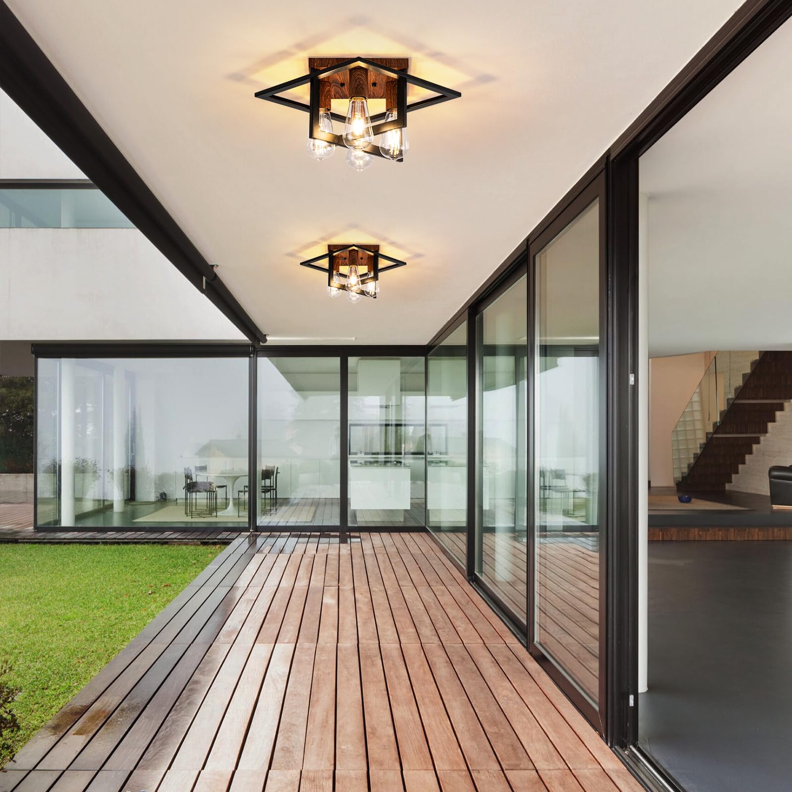 Fengkedu 2 Pcs 4 Light Farmhouse Ceiling Light Fixture Black Wood Industrial Flush Mount Ceiling Lamp Hallway Light Fixture Clos