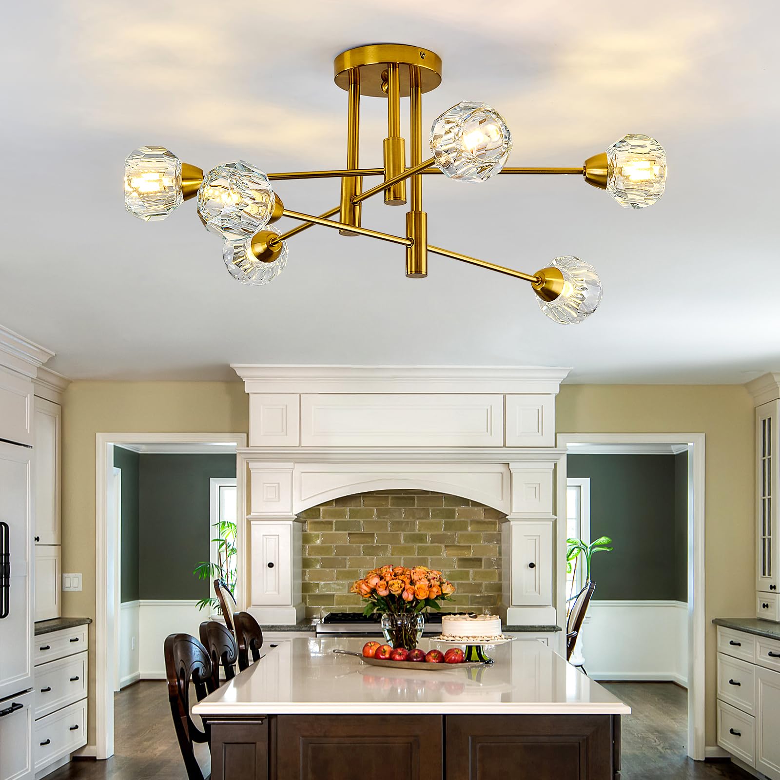 Szxykeji 6-Lights Glass Sputnik Chandelier Vintage Flush Mount Ceiling Light Fixture Gold Farmhouse Lighting For Dining Room Living Room Bedroom Kitchen Passageway.