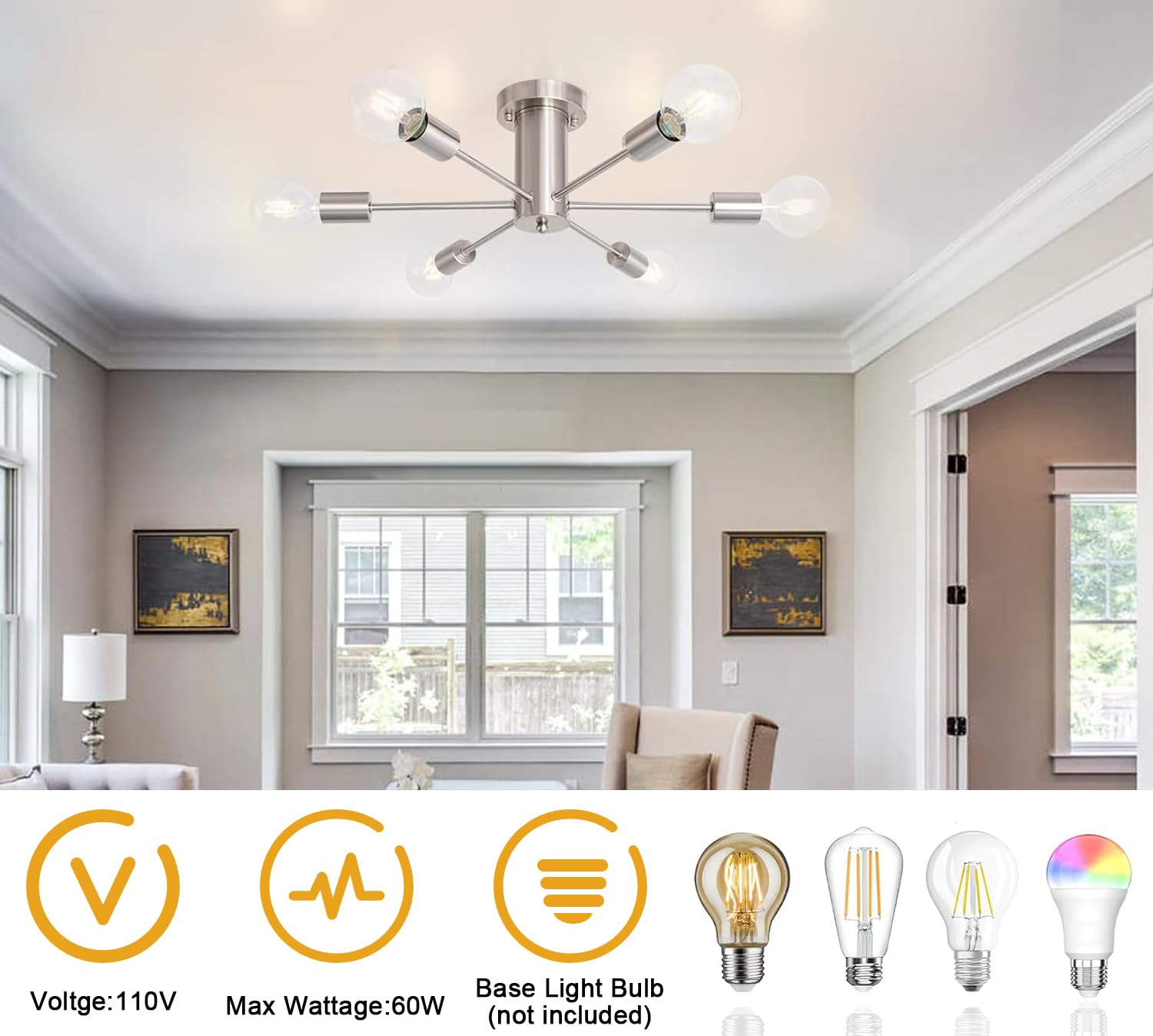 Kostomo Kitchen Light Fixtures 6 Lights Ceiling Lights Fixture Nickel Modern Semi Flush Mount Lighting Sputnik Chandelier For Be