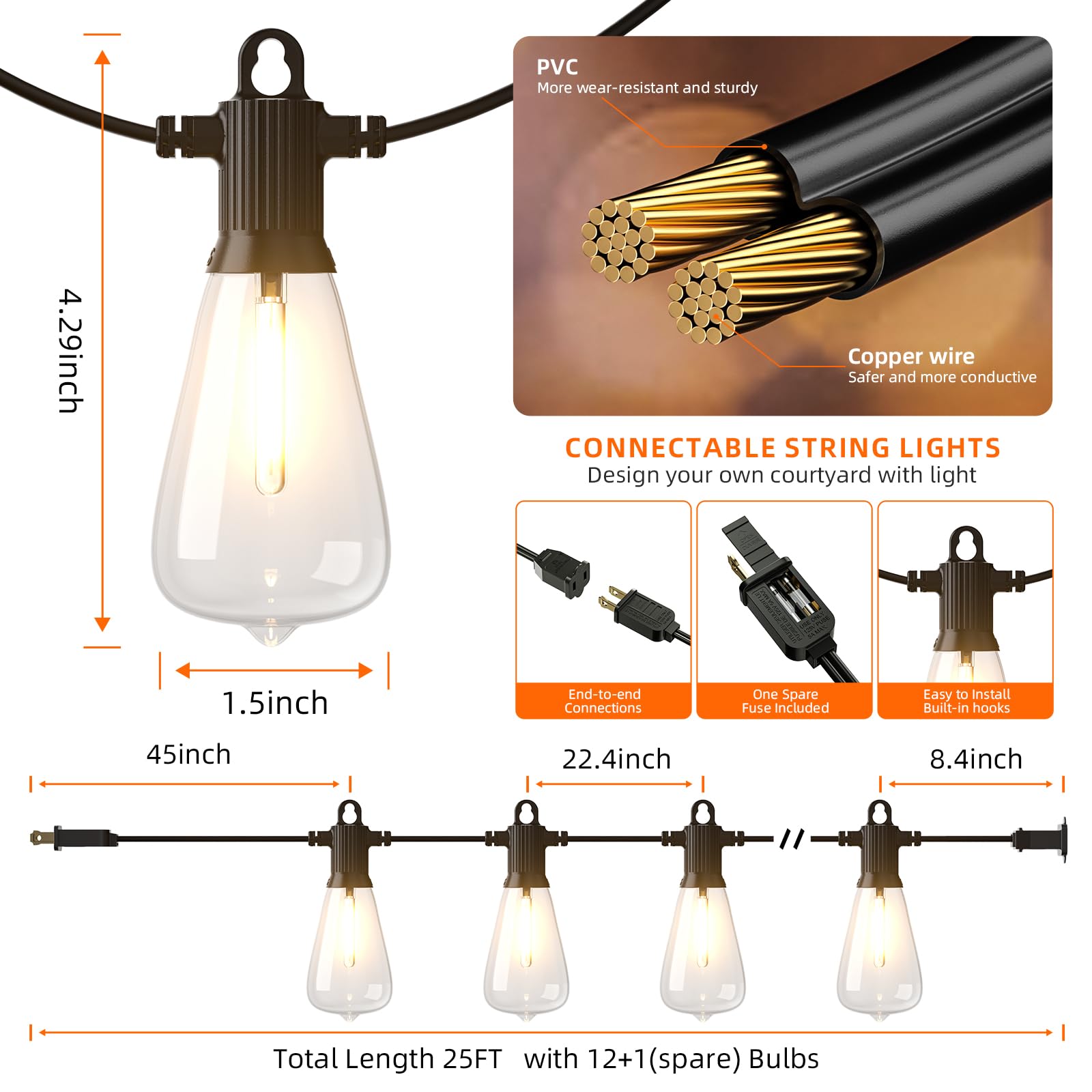 Kawaya Outdoor Patio String Lights: 25 Ft Led Outside Patio Lights With 12 Shatterproof Vintage Bulbs - 2700K Dimmable Ip65 Wate