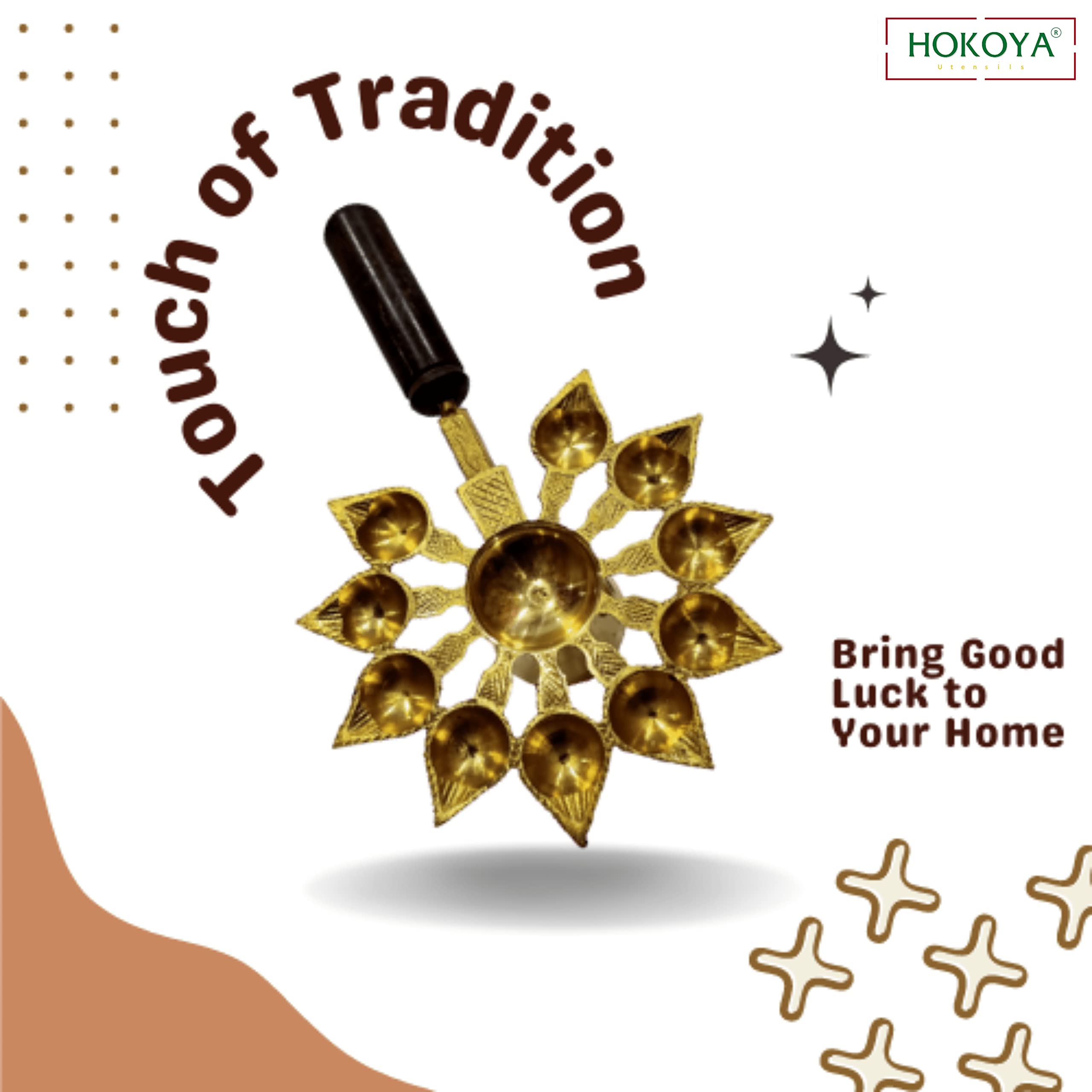 HOKOYA Brass Aarti Diya with Handle Wooden 10 Bati