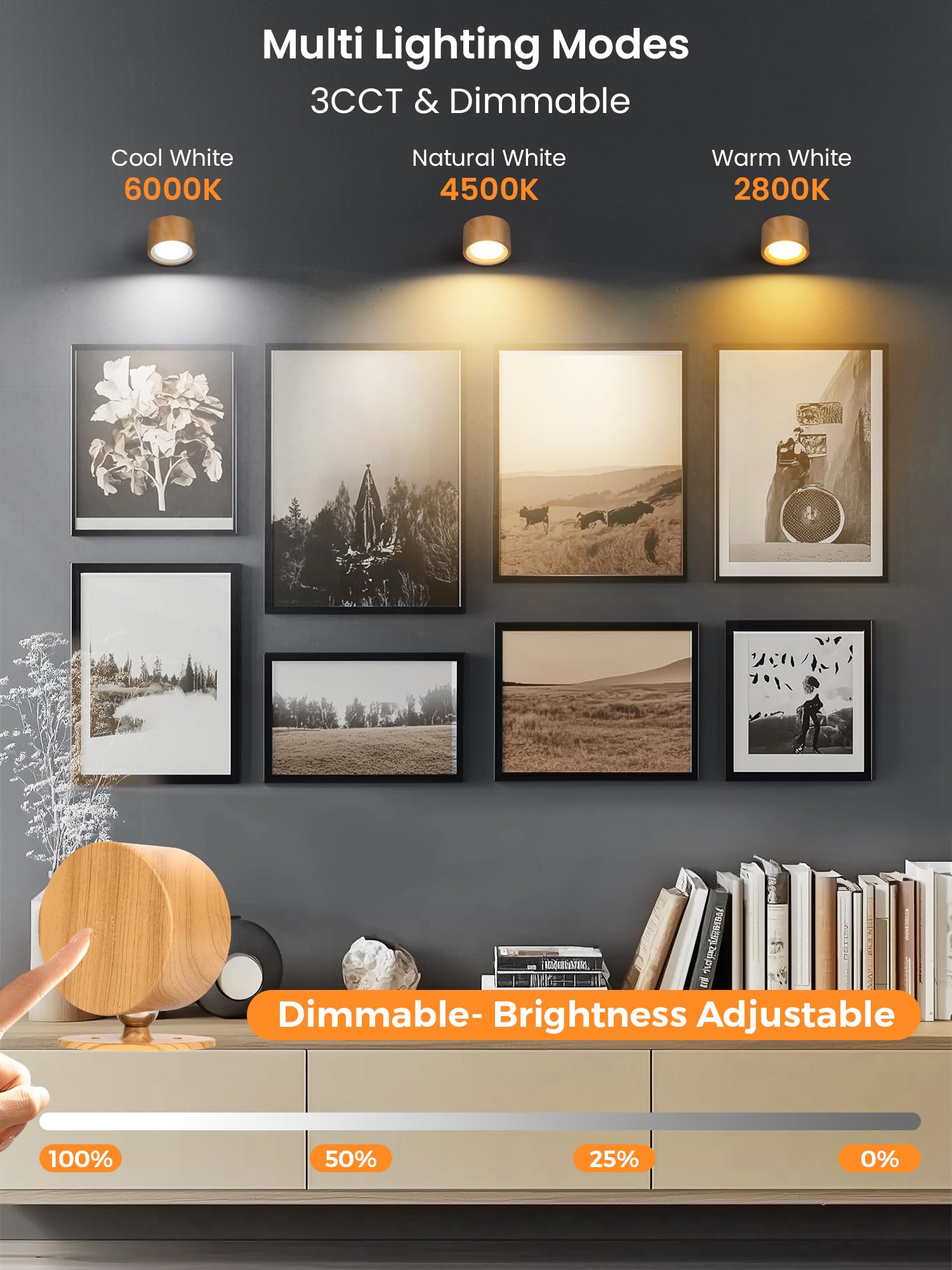 Auderwin Led Wall Lights Set Of 2 Battery Operated Rechargeable Wall Sconces, 3 Color Temperatures & Dimmable, 360 Rotation Magn