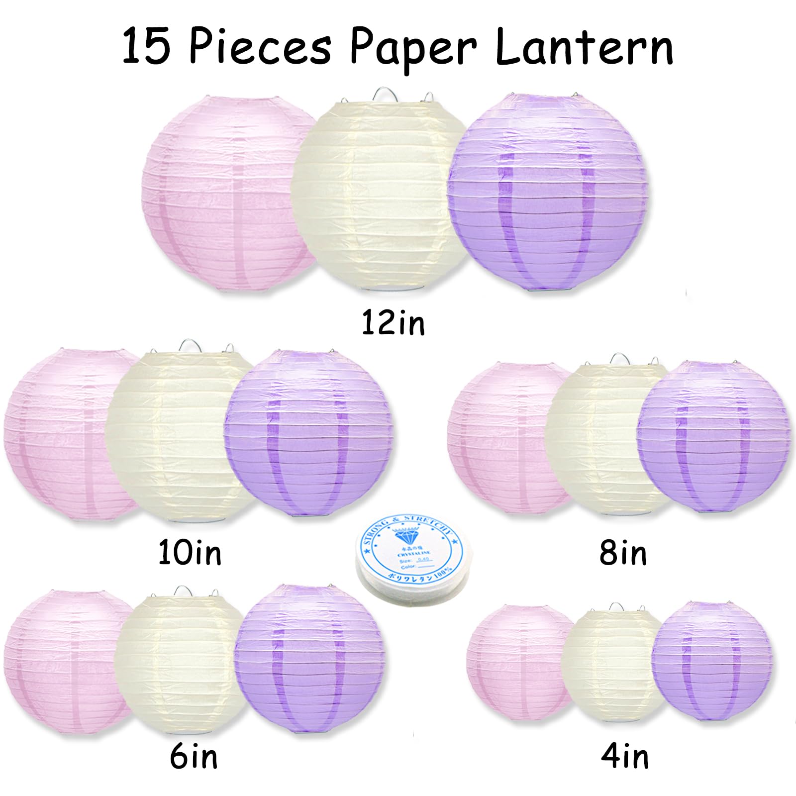 Meiduo 15Pcs Paper Lanterns - Pink Purple White Hanging Decor For Mermaid Theme Parties