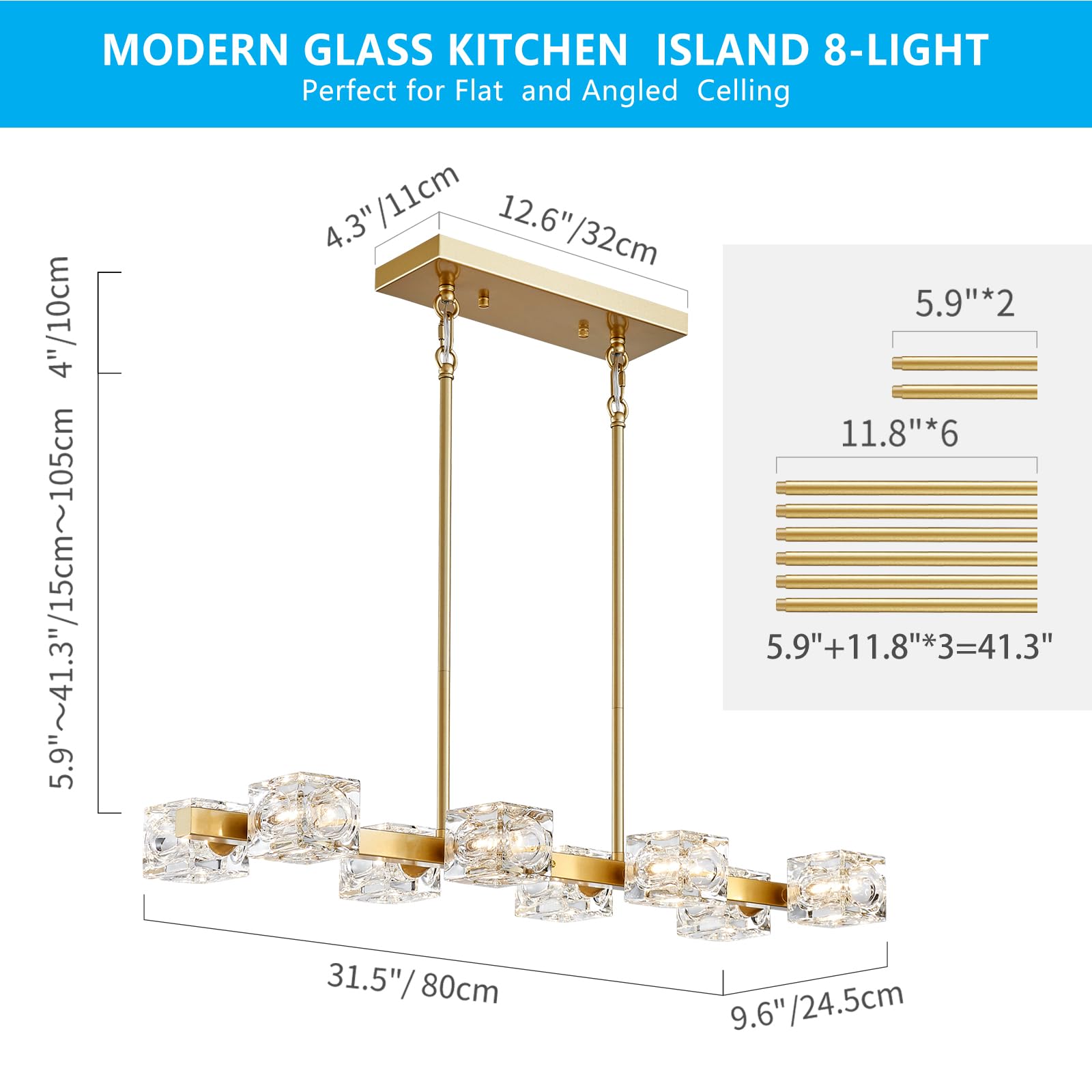 Xingqi Rectangular Chandelier For Dining Room Light Fixture 8-Light Gold Sputnik Chandelier Kitchen Island Pendant Metal Industr