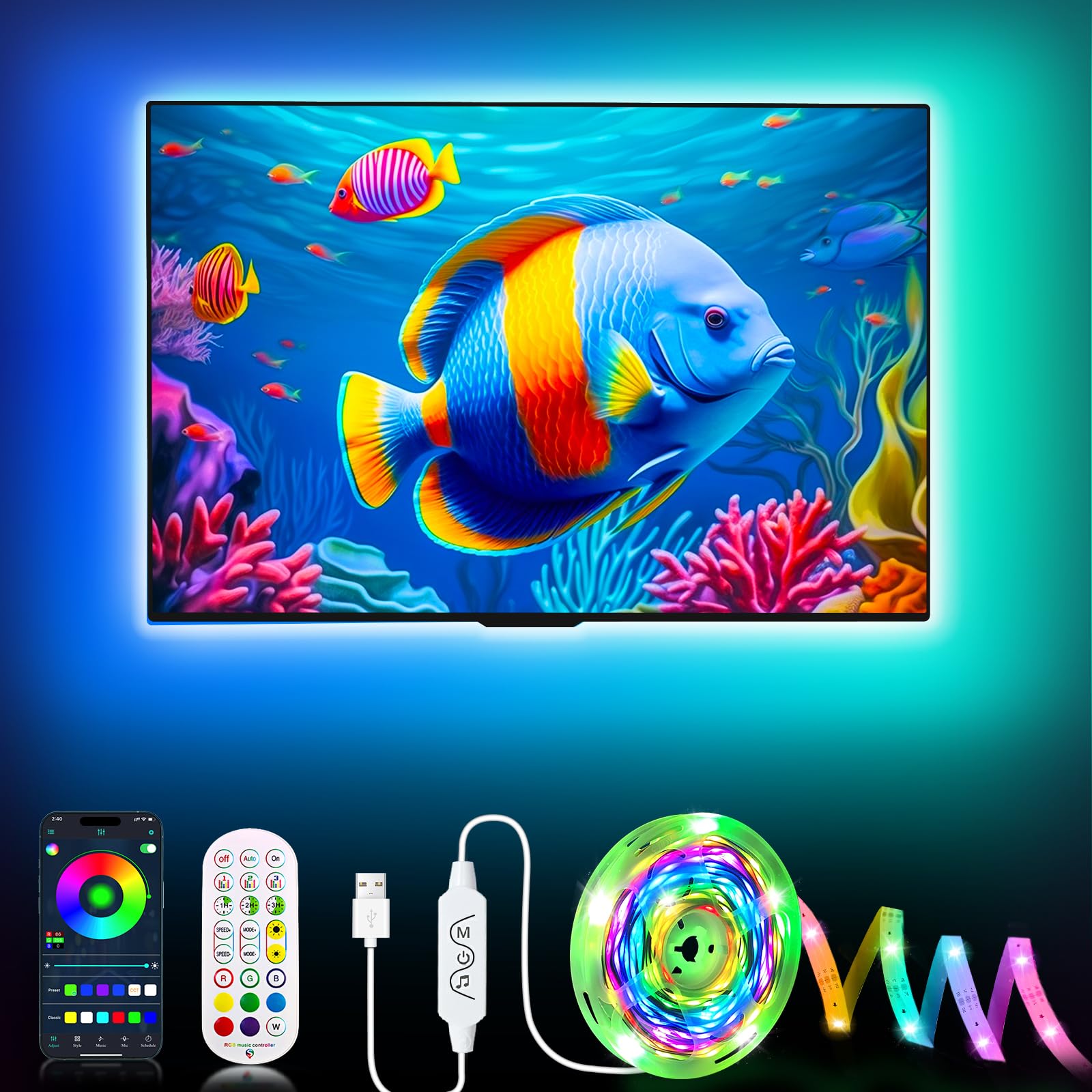 Daymeet LED TV Lights, 23ft RGBICW Backlight, USB Color Changing, Music Sync, for 32in-100in TVs, Multicoloured