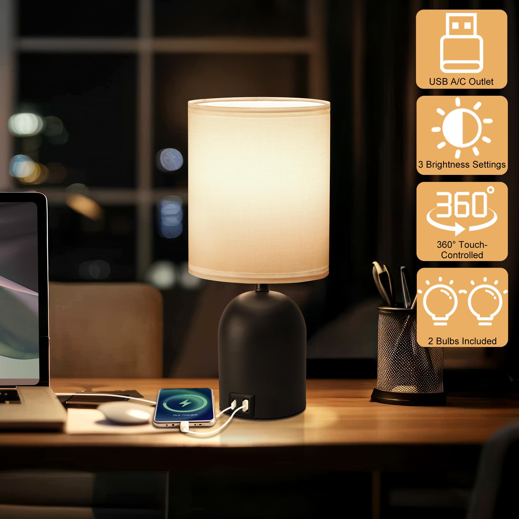 Fttoyoly Bedside Black Table Lamps Set Of 2 For Bedroom, 3 Way Dimmable Touch Nightstand Lamp With Usb C And A Ports Small Table