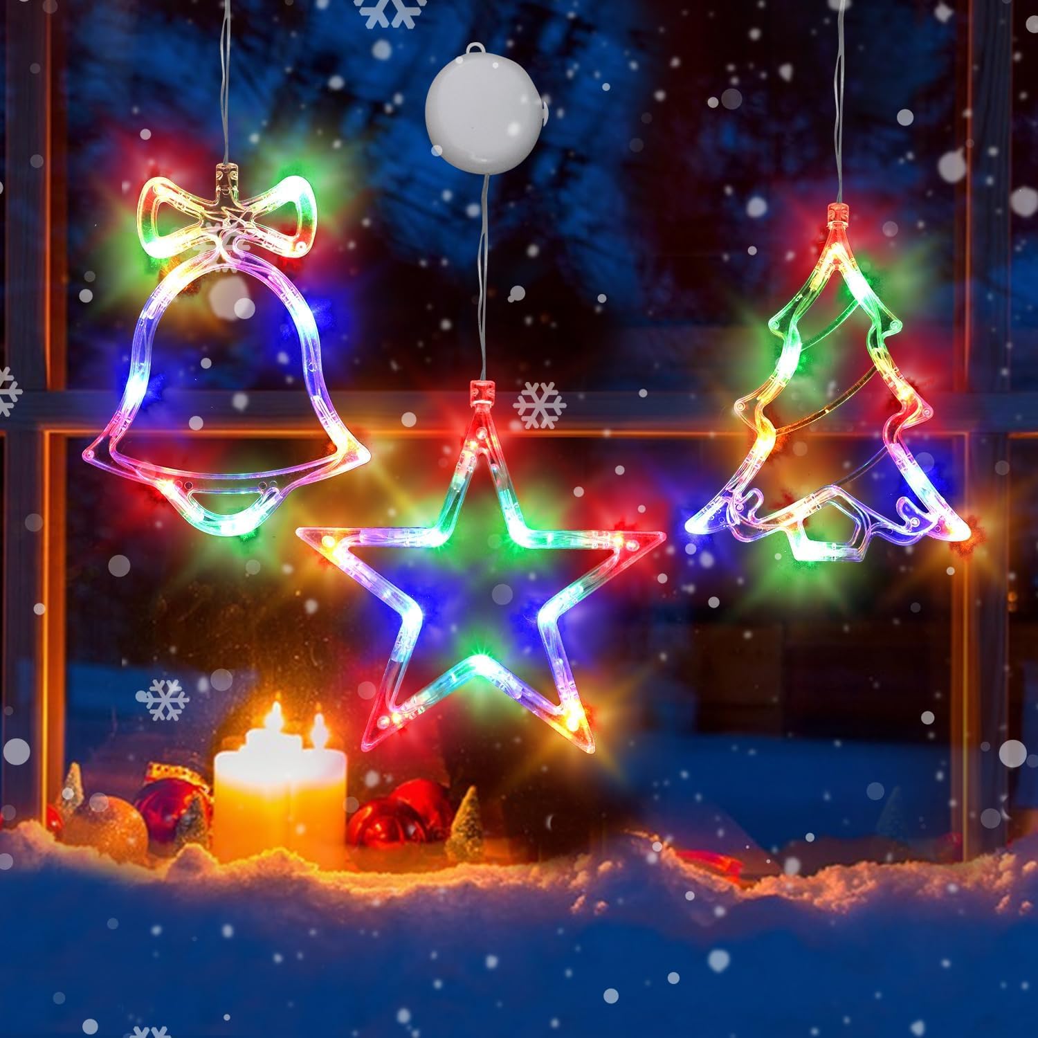 Christmas Window Lights Decorations,3PCS Christmas Lights Lighted Star Jingle Bell Christmas Tree Battery Operated Indoor Lights with Suction Cup for Fireplace Christmas New Year Window Decorations