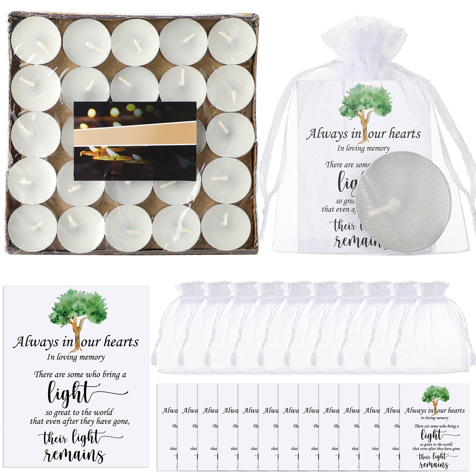 50 Set Funeral Party Favors Memorial White Candles Unscented Funeral Gifts Tealight Candles With Condolence Bereavement Cards And Organza Bags For Guest Celebration Of Life Decorations (Classic)