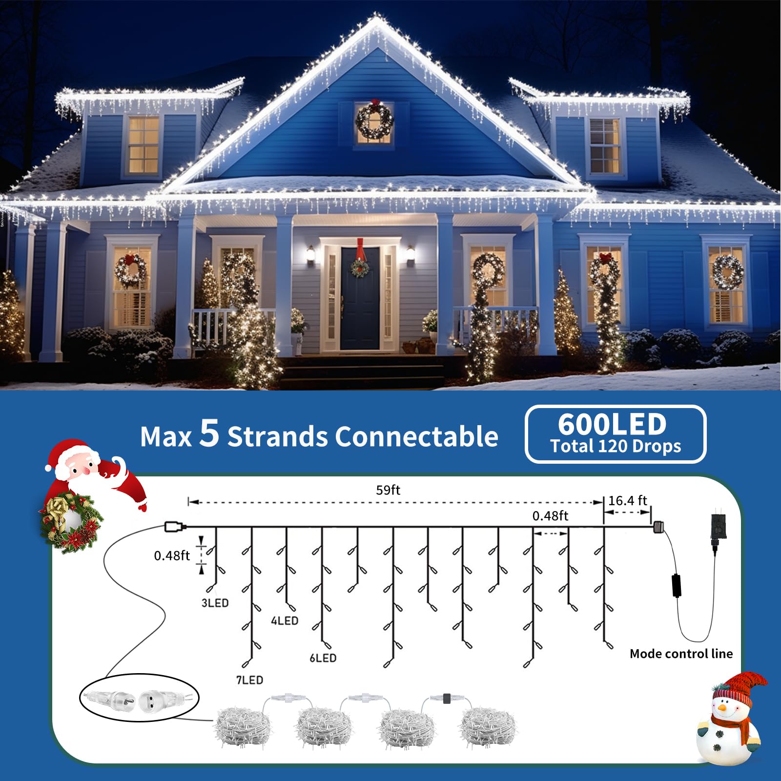 Icicle Lights Outdoor, 75.5 Ft 600 Led Christmas Lights With 120 Drops, 8 Modes Plug-In String Lights Waterproof With Remote Tim