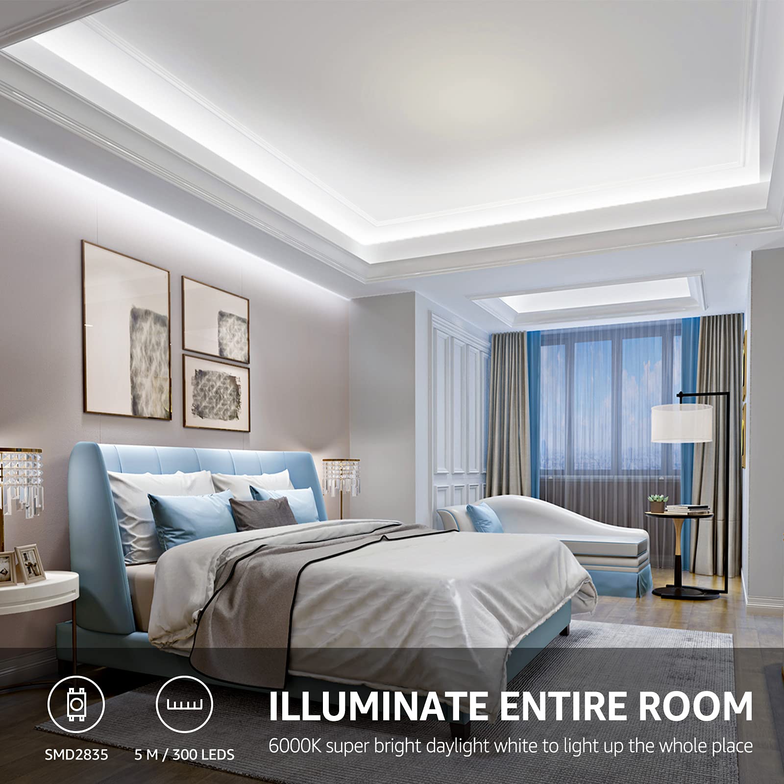 Lepro LED Strip Light, 16.4ft Dimmable 6000K Tape Lights, 300 LEDs, Strong 3M Adhesive, White, Ideal for Home & Kitchen Lighting