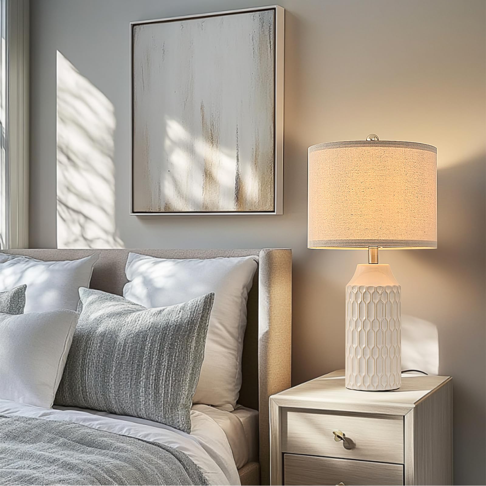 Easebri 22 Modern White Ceramic Table Lamp Set of 2 - Tall Bedside Nightstand Lamps for Living Room, Farmhouse Rustic Decor