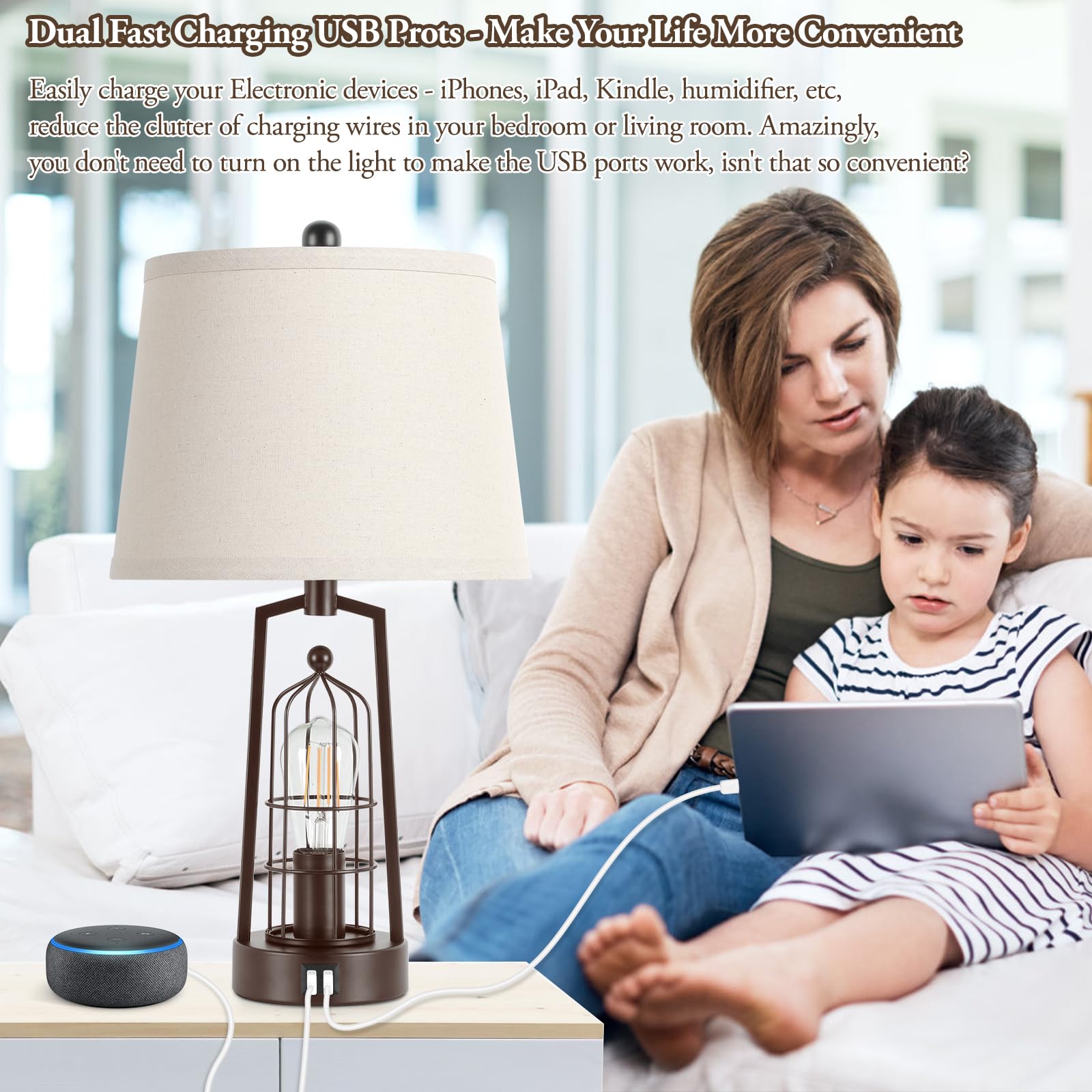 Brightever Farmhouse Table Lamps Set of 2, Metal with Beige Shade, USB Ports, Bronze, Model JT2026.BR