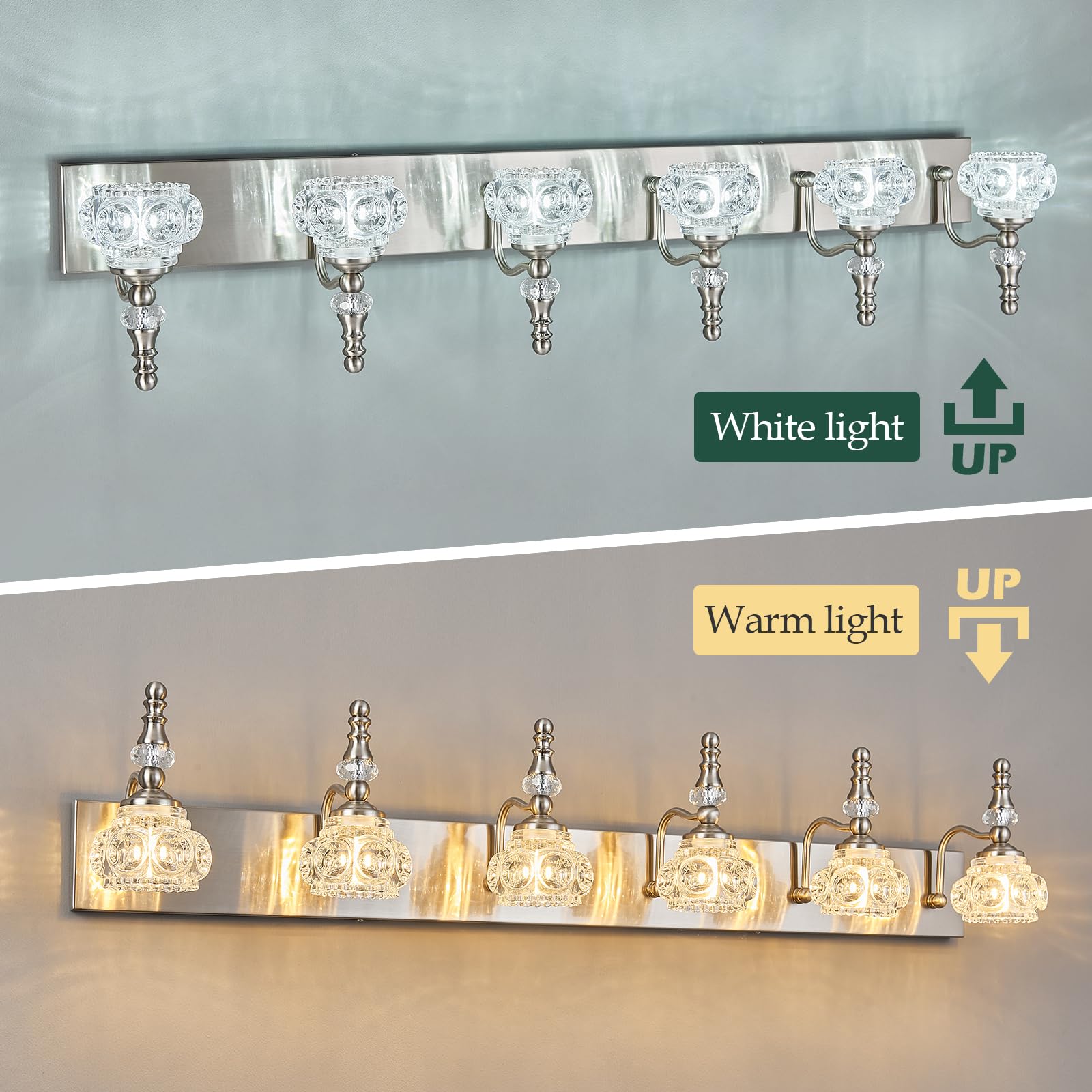 Lbsqj Modern Glass Crystal Vanity Light - Vintage Bathroom Lighting Fixtures Over Mirror  6 Light Vanity Lights G9 Bulb (43.3 Inch  Nickel)