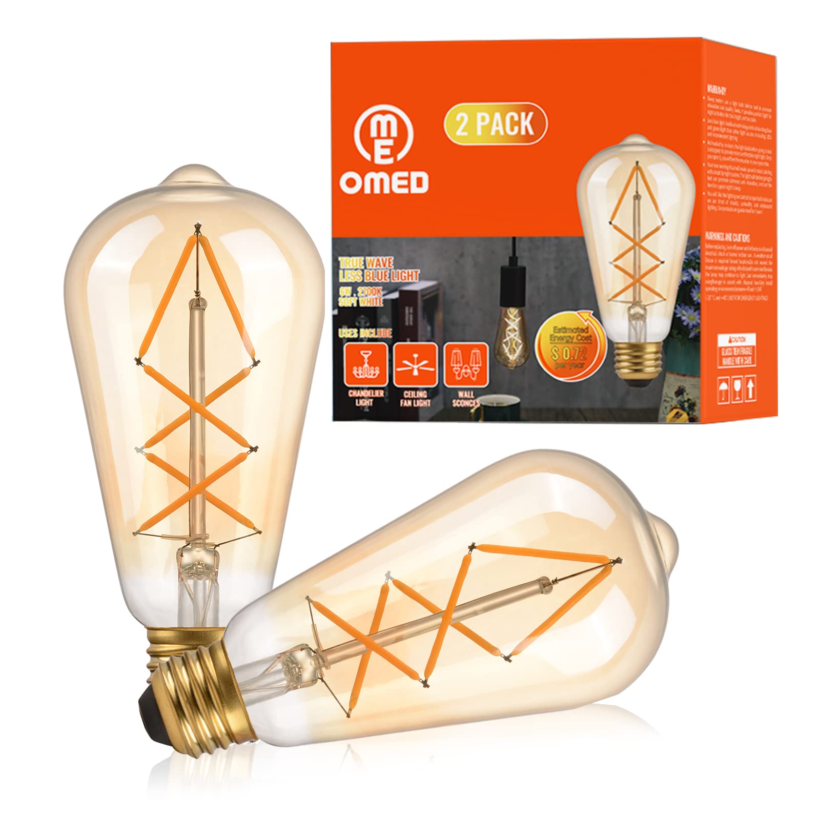 OMED LED Edison Bulb, ST64 E26, 60W Equivalent, Dimmable, Amber Glass, Soft White 2700K, Pack of 2