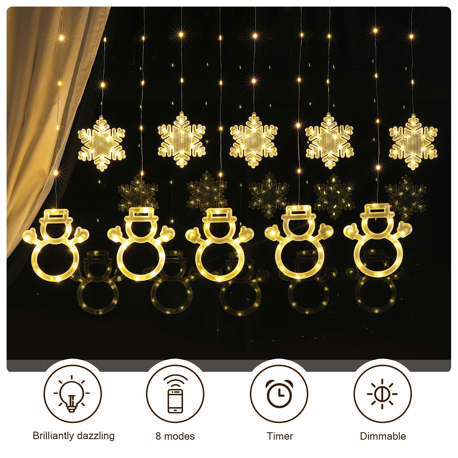 Bloomwin Window Lights Christmas Decor 9.8Ft 5 Snowmen And 5 Snowflakes Icicle Lights Usb Christmas Curtain Lights Winter Decorations For Bedroom Indoor Home Church Wedding Birthday, Warm White