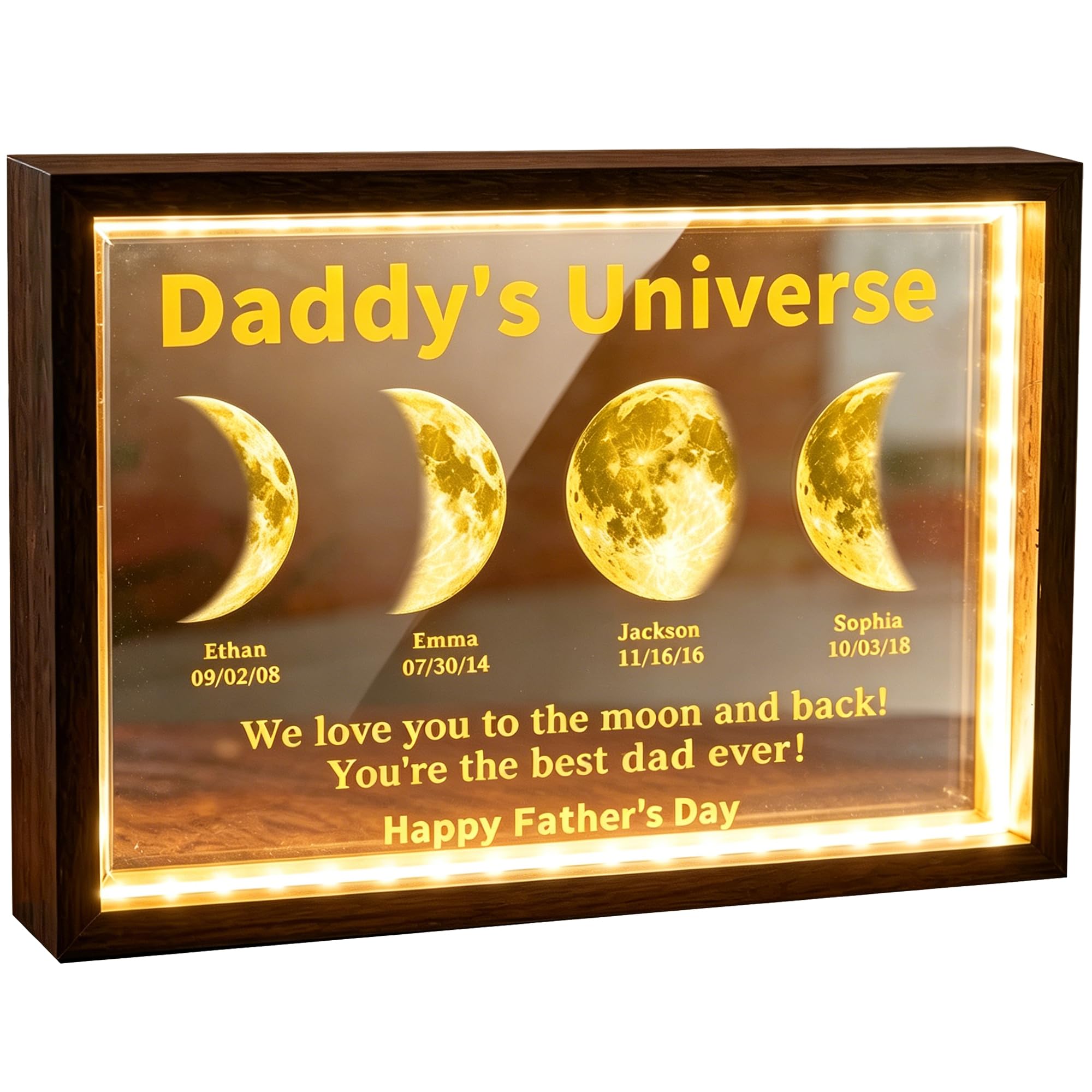 Daddys Universe Light Up Picture Frame with Kids Names & Birthdate, Custom Fathers Day Moon Phase Gifts, Personalized Moon Pha