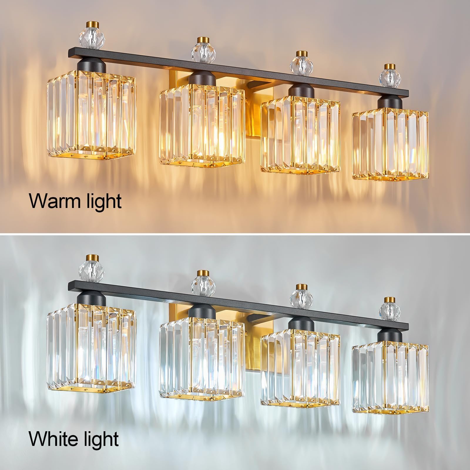 FDPBY 4-Light Crystal Vanity Light Fixtures, Black Gold Metal, Model 290, Modern Bathroom Lighting Over Mirror