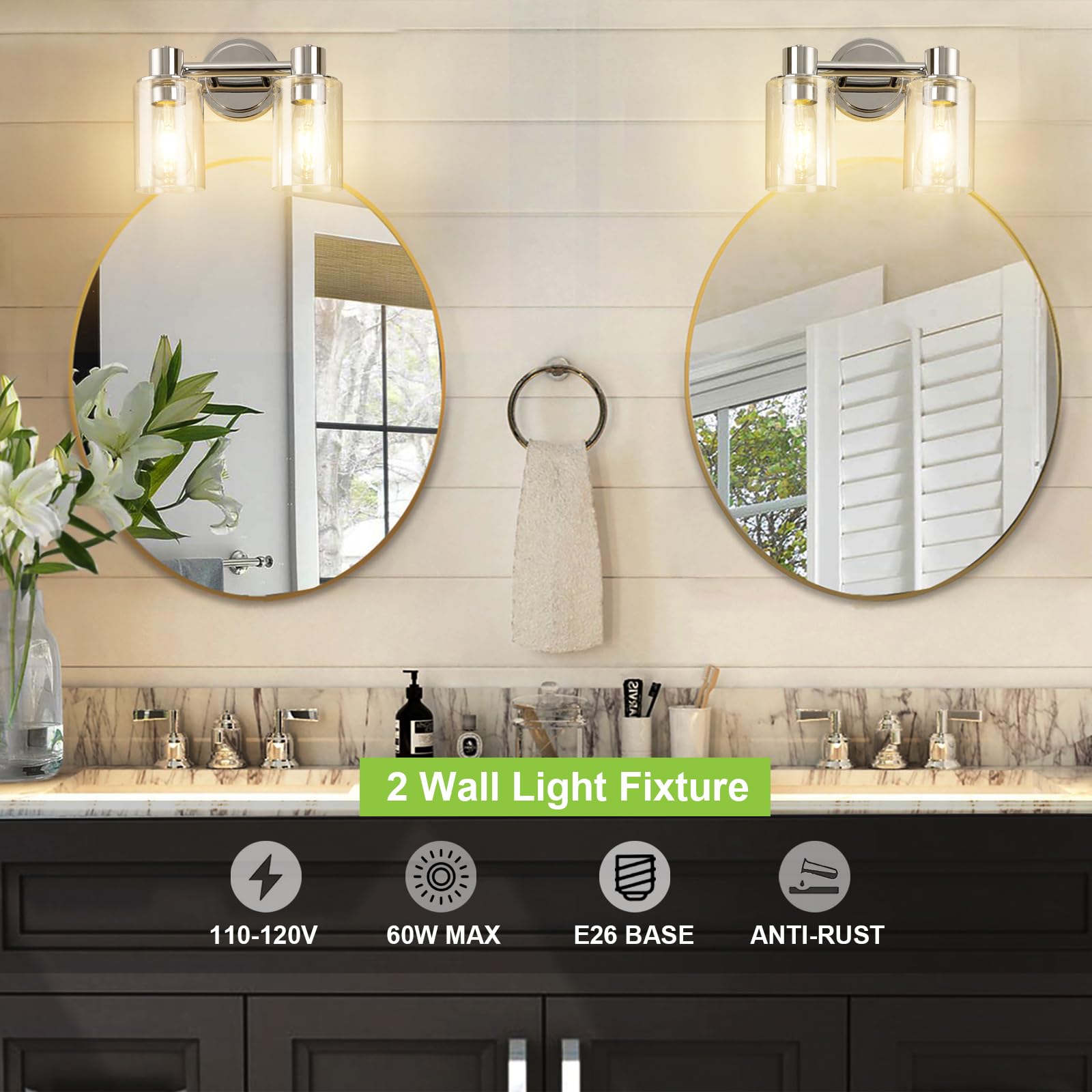 Alaislyc Chrome 2-Light Bathroom Wall Sconce With Clear Glass For Vanity & Mirror