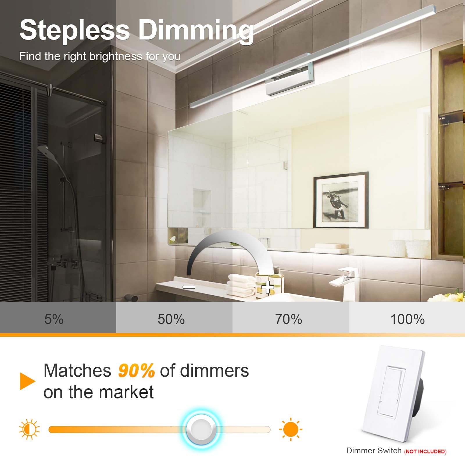 VOLISUN 48-Inch Dimmable Bathroom Vanity Light, 30W 5CCT LED, Chrome, Model 21175ZM, Metal