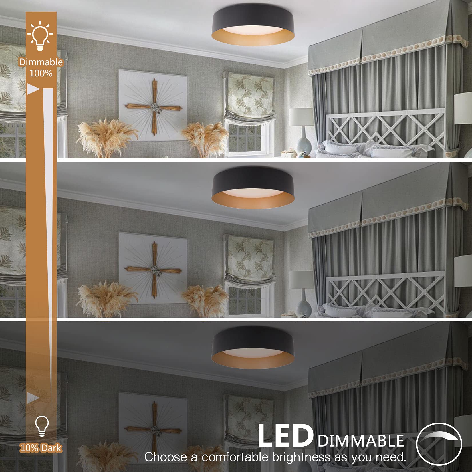 Bargeni Flush Mount Ceiling Light, 12.5 Inch, LED, Matte Black with Gold Inside, 18W, Dimmable, Model 21CL1003us-BG