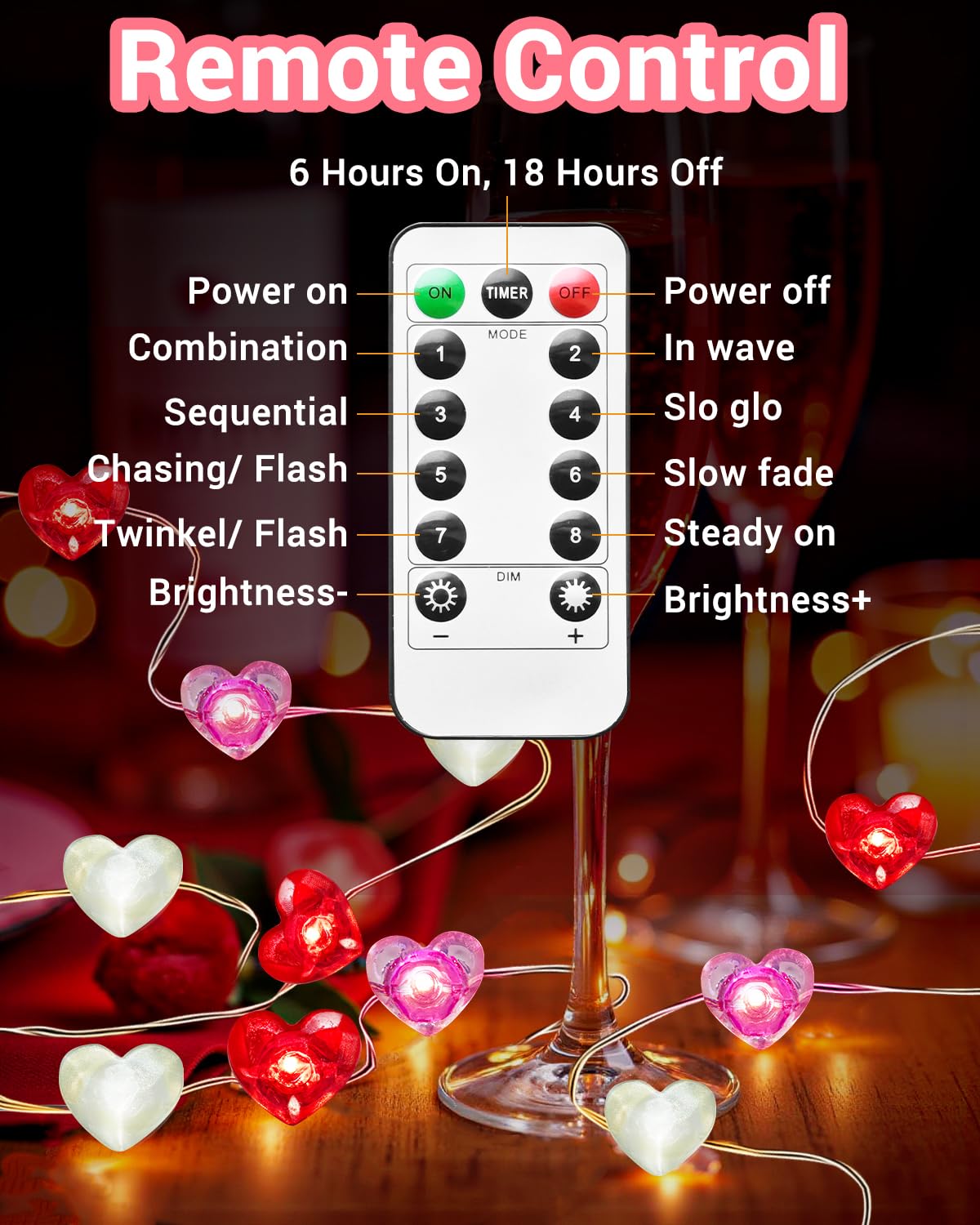 btfarm 16.4FT 50 LED Heart Shaped Fairy String Lights, Remote Timer, 8 Modes, Battery Operated, Waterproof, Pink