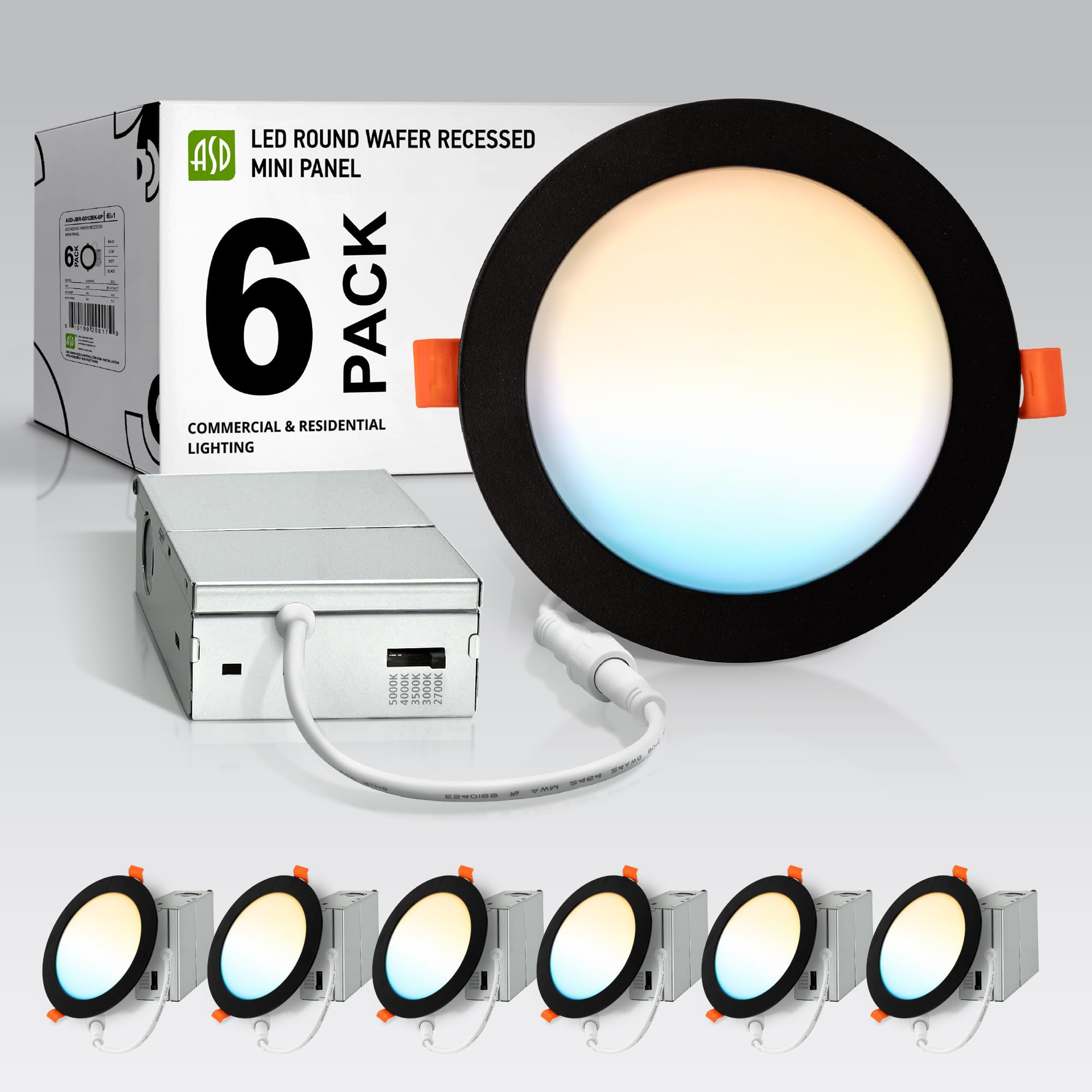 Asd 6 Pack Led Recessed Lighting 6 Inch 12W  5 Cct 2700K-5000K Cri90+  Ic Rated Ultra Thin Dimmable Ceiling Lights With J Box  Canless Wafer Downlight  Round Slim Panel Light  Energy Star Etl  Black