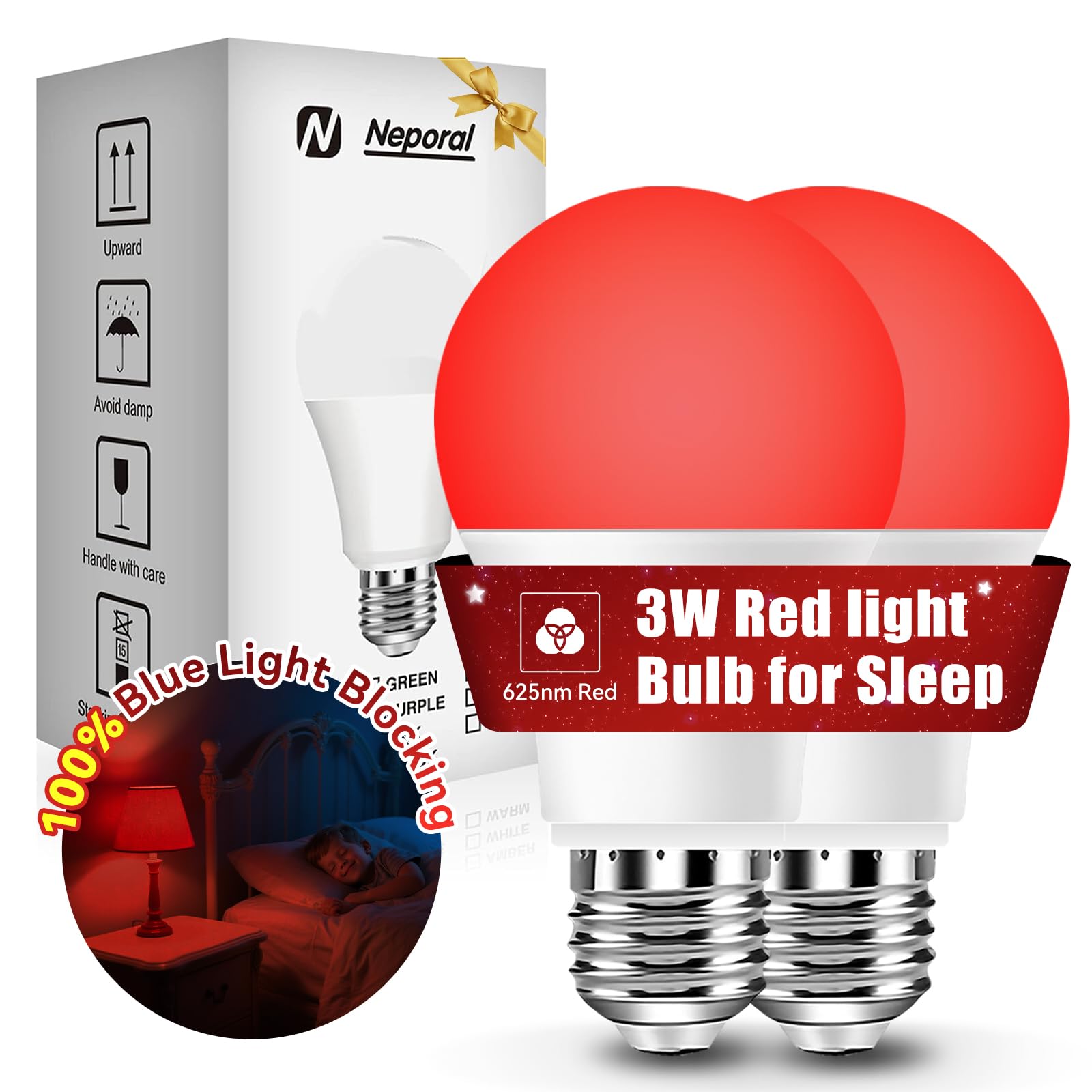 Neporal Red LED Light Bulbs, 3W, 2-Pack, 100% Blue Light Blocking, A19 Night Light for Sleep and Reading