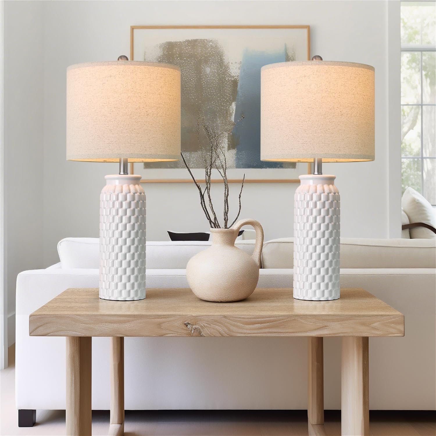 Usumkky 27 White Modern Ceramic Living Room Lamps Bedside Lamp Set Of 2 For Bedroom Decor Farmhouse Table Lamp For Living Room Office Dorm