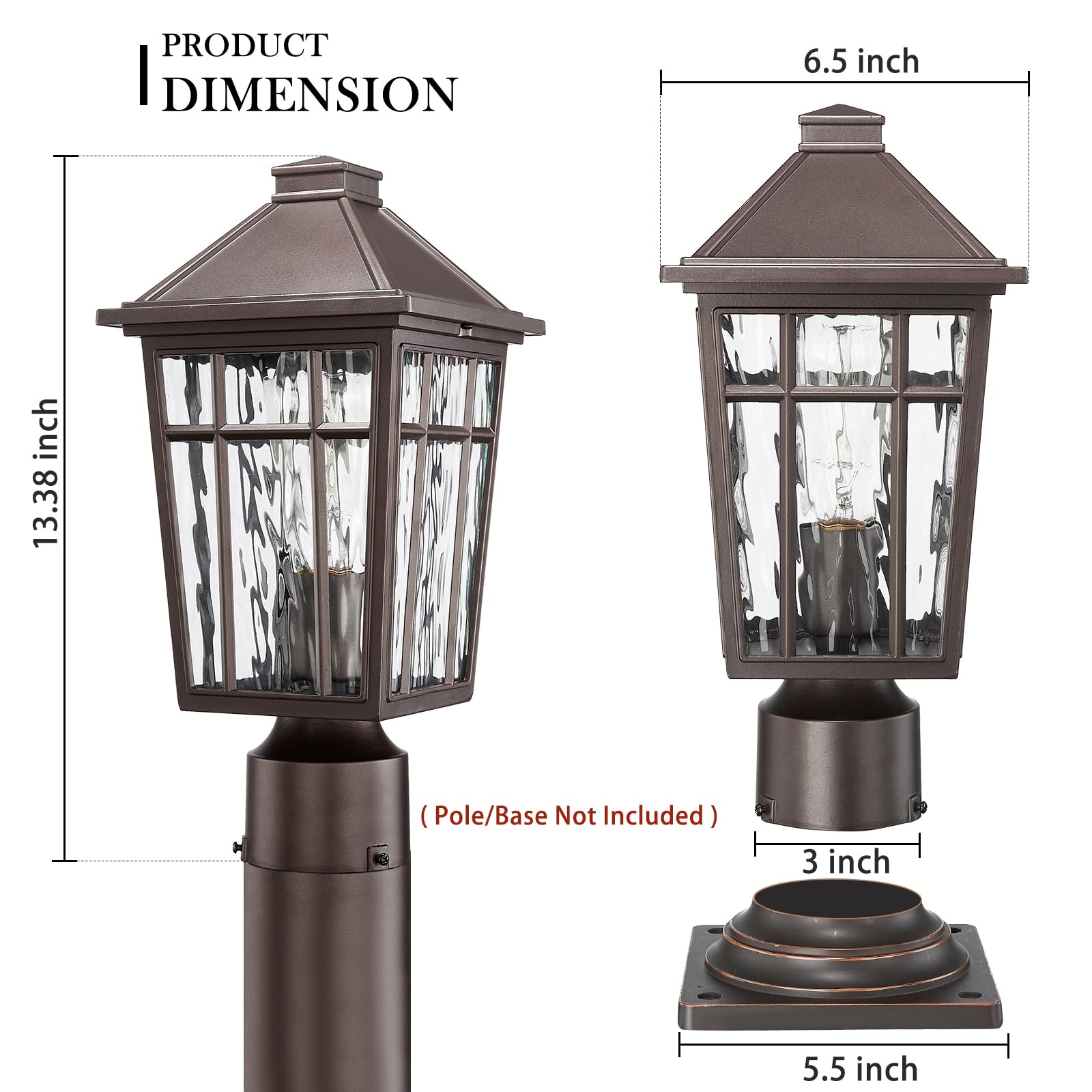 Darkaway Outdoor Post Lights Lamp Post Light Fixture, Waterproof Aluminum Housing With Water Ripple Glass, Fence Post Deck Light