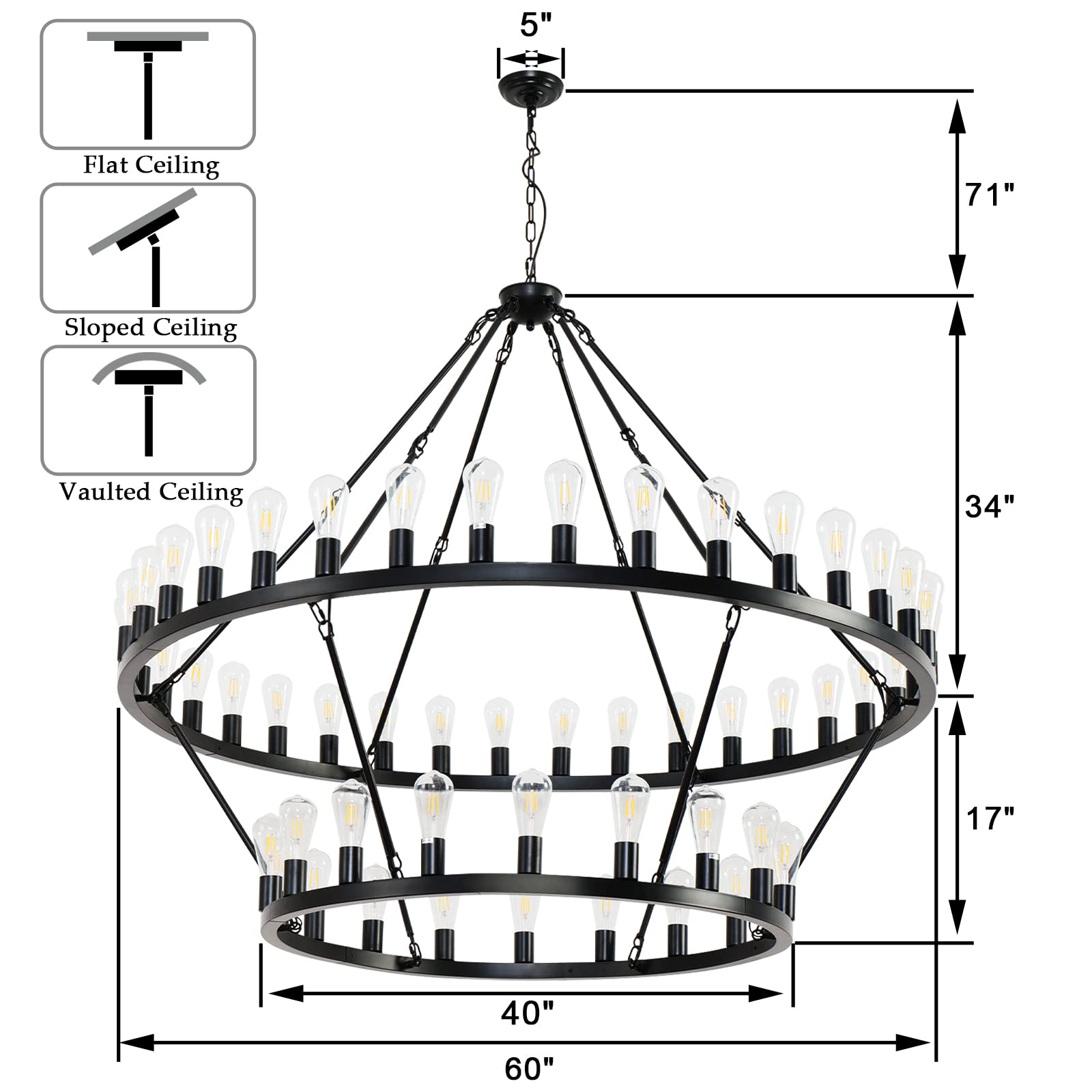 Viksroeo 60 Inch Black Extra Large Wagon Wheel Chandelier, 2 Tier 54-Lights Farmhouse Industrial Round High Ceiling Pendant Ligh