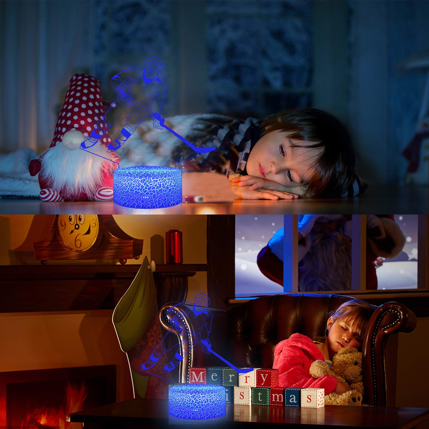 Azalco Teenager Christmas Gifts Xmas Gift 3D Illusion Hockey Night Light Lamp 16 Color Changing Smart Touch&Remote Control Birth